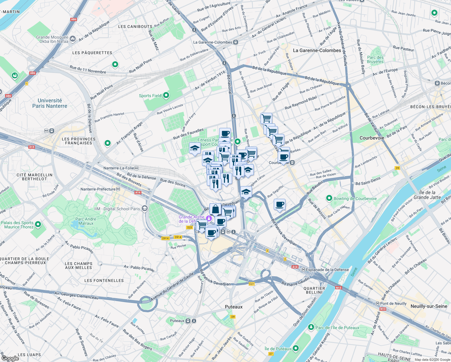 map of restaurants, bars, coffee shops, grocery stores, and more near 9 Rue François Rabelais in Courbevoie