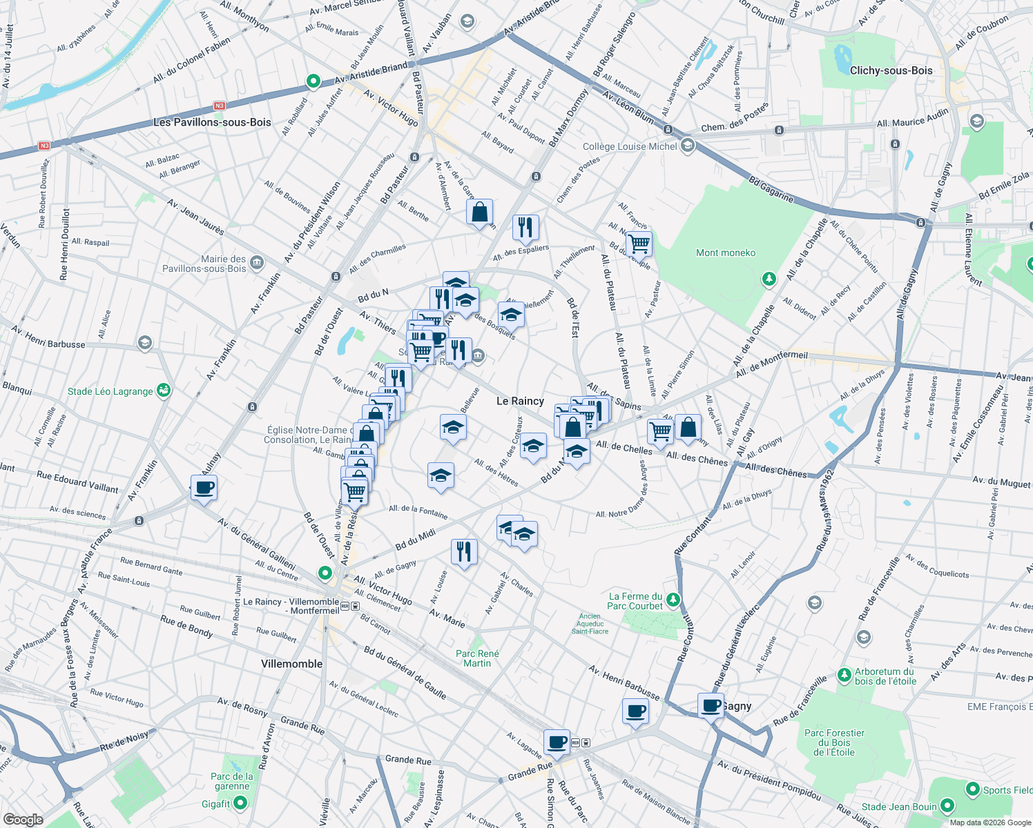 map of restaurants, bars, coffee shops, grocery stores, and more near 33 Allée des Coteaux in Le Raincy