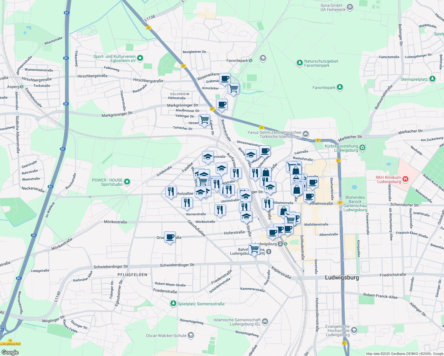 map of restaurants, bars, coffee shops, grocery stores, and more near 10 Kaiserstraße in Ludwigsburg