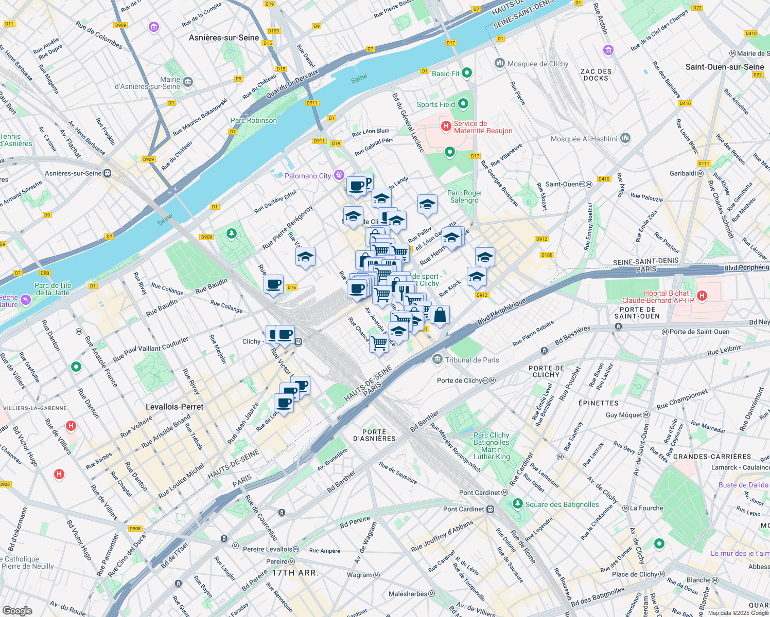 map of restaurants, bars, coffee shops, grocery stores, and more near 12 Cité Nouvelle in Clichy