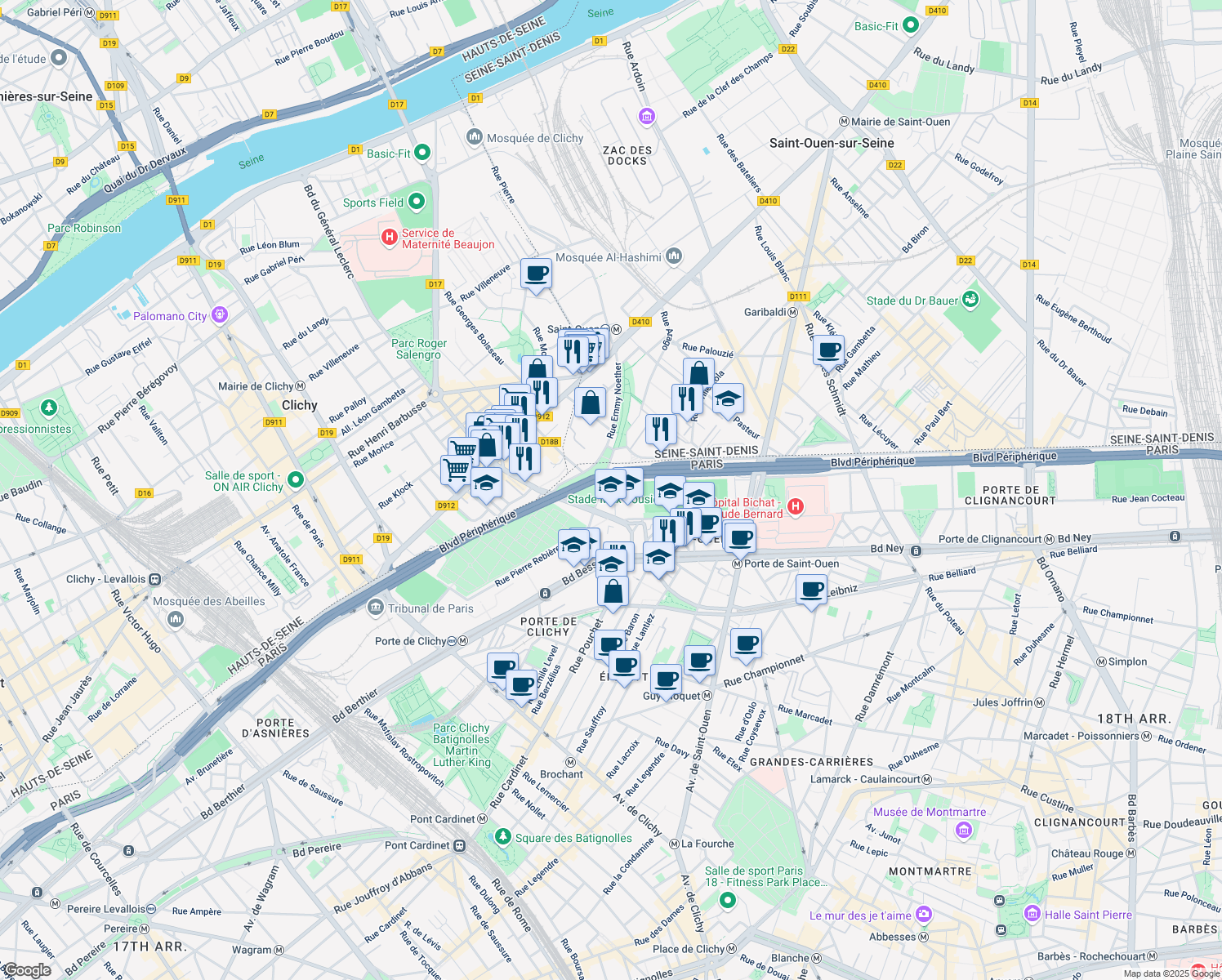 map of restaurants, bars, coffee shops, grocery stores, and more near 9 Rue Émile Borel in Paris