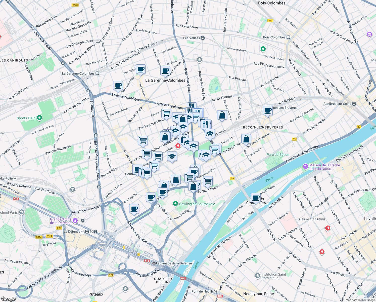 map of restaurants, bars, coffee shops, grocery stores, and more near in Courbevoie
