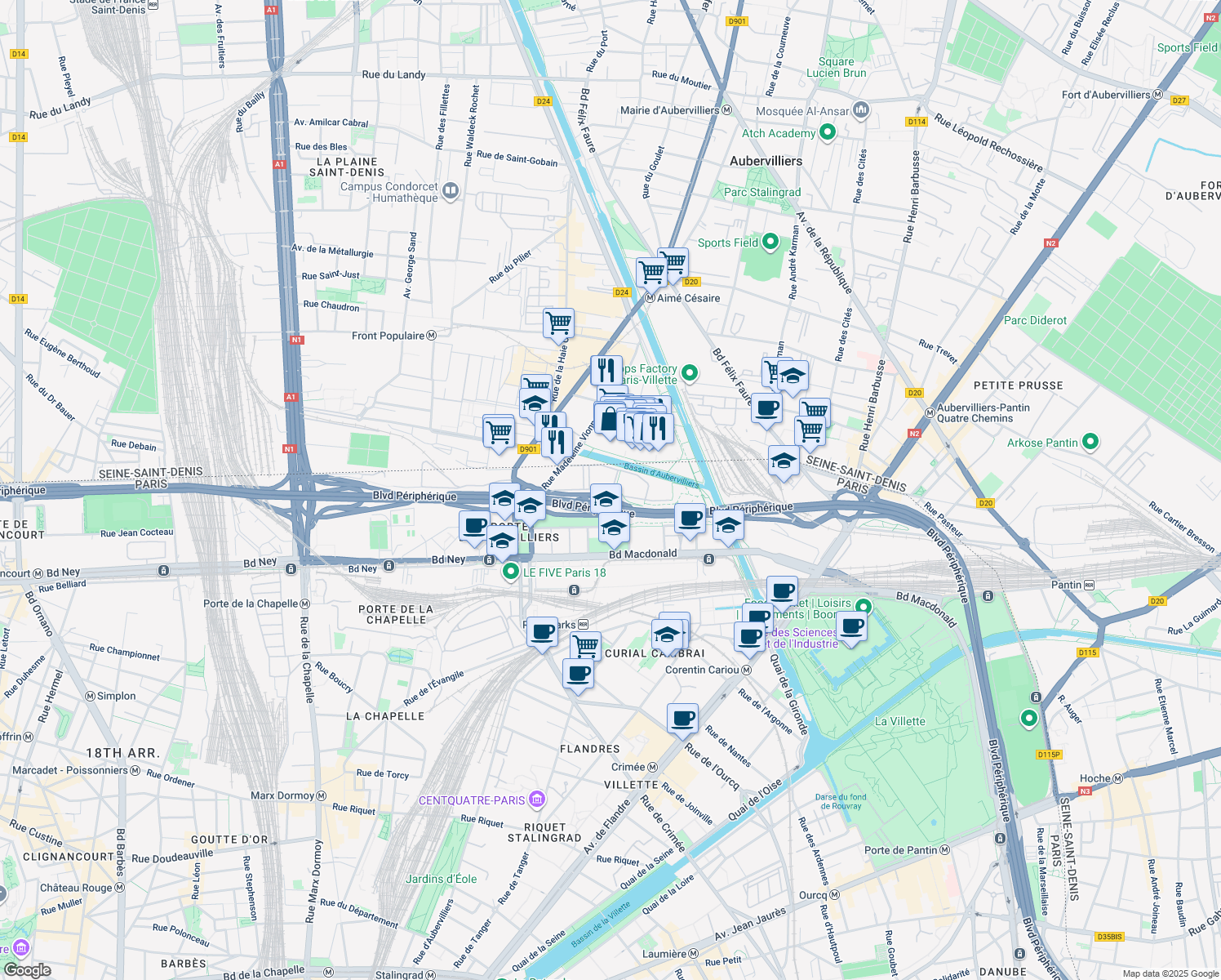 map of restaurants, bars, coffee shops, grocery stores, and more near 35 Rue de la Gare in Paris
