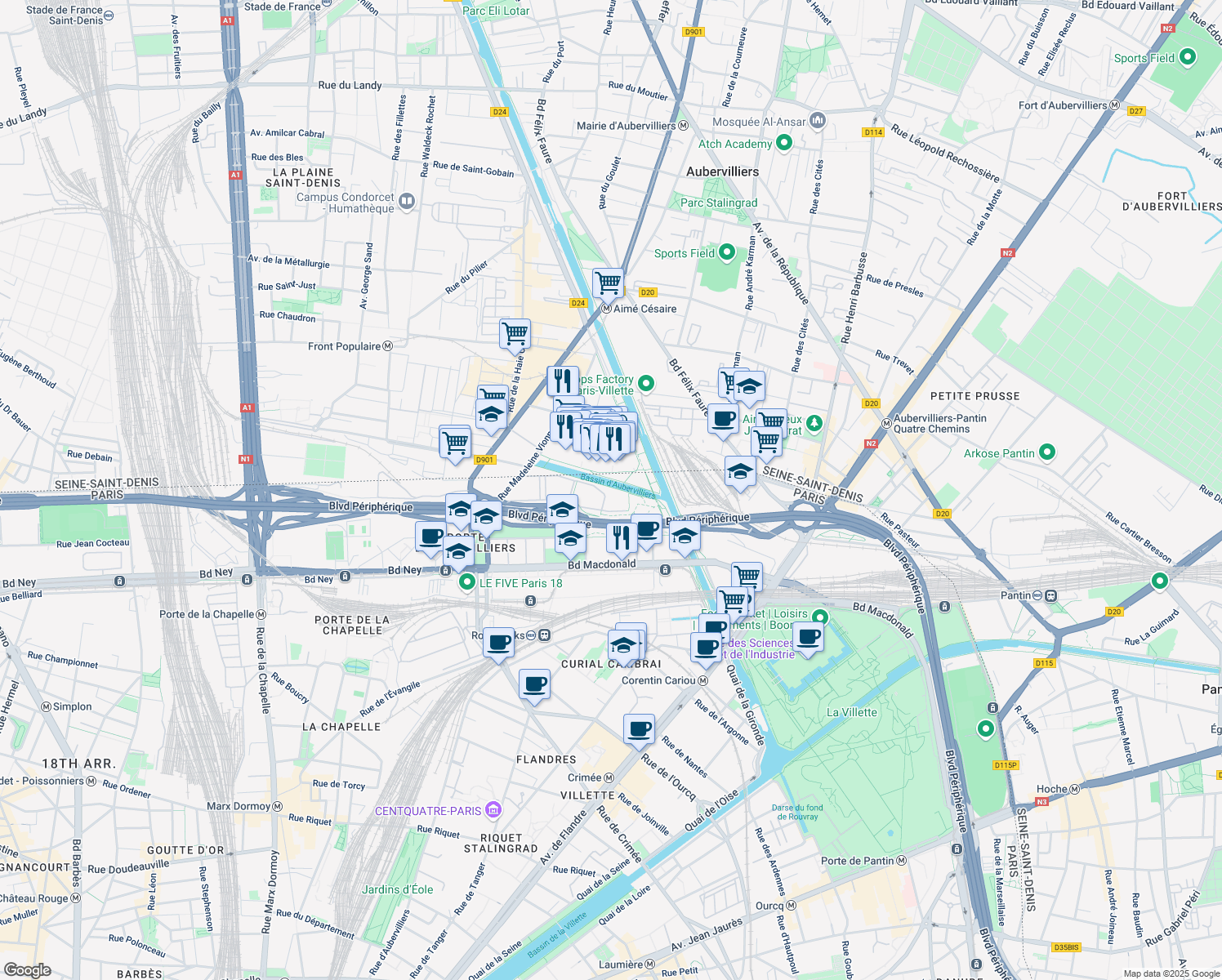 map of restaurants, bars, coffee shops, grocery stores, and more near 35 Rue de la Gare in Paris