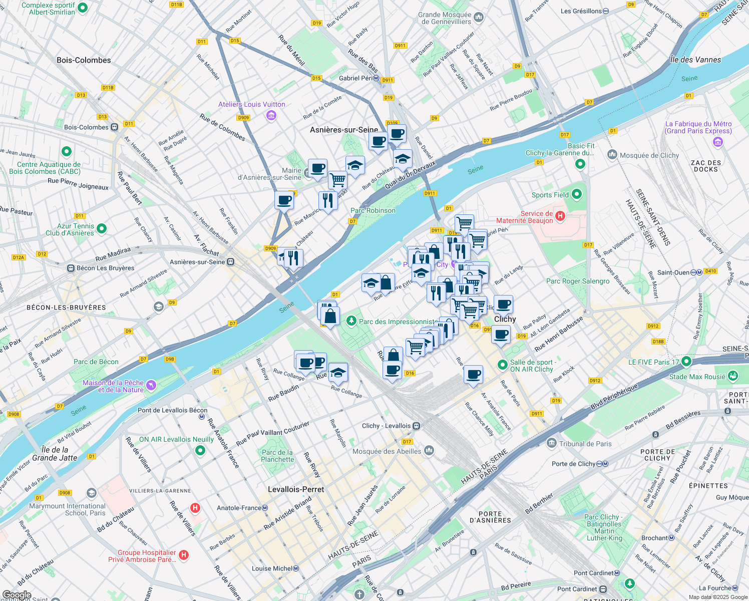 map of restaurants, bars, coffee shops, grocery stores, and more near 8 Rue Gustave Eiffel in Clichy