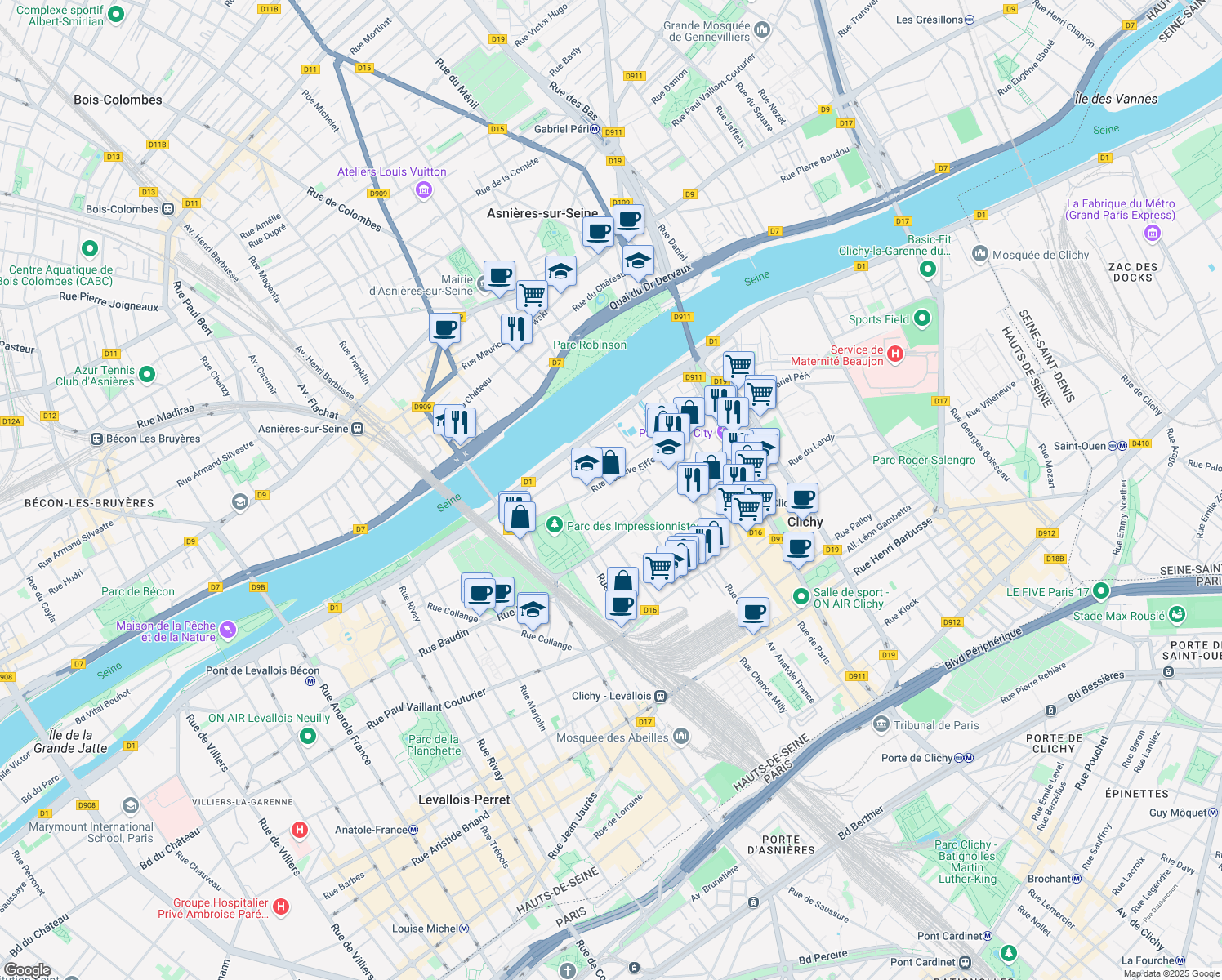 map of restaurants, bars, coffee shops, grocery stores, and more near 8 Rue Gustave Eiffel in Clichy