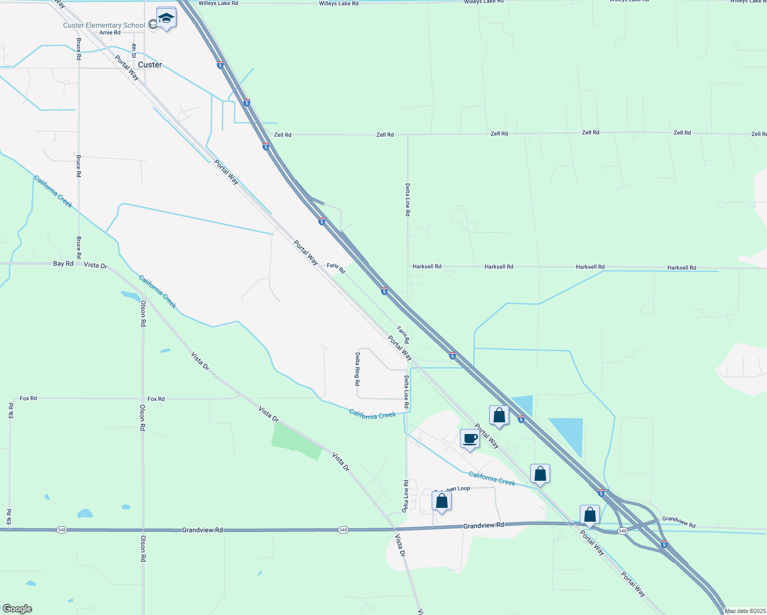 map of restaurants, bars, coffee shops, grocery stores, and more near 7200 Faris Road in Ferndale