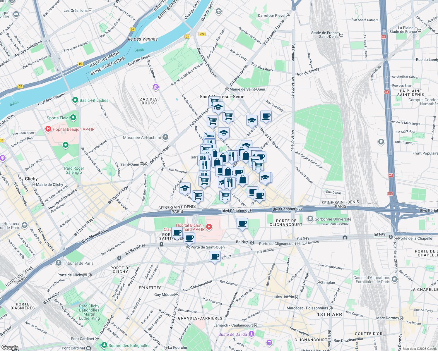 map of restaurants, bars, coffee shops, grocery stores, and more near Rue Charles Schmidt in Saint-Ouen