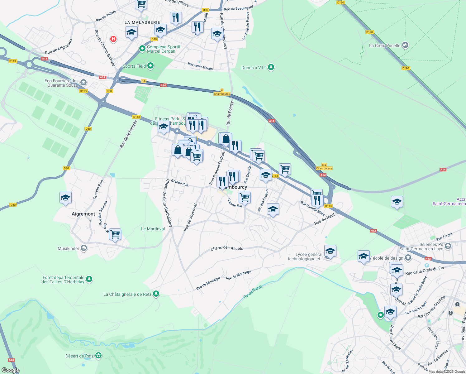 map of restaurants, bars, coffee shops, grocery stores, and more near in Chambourcy