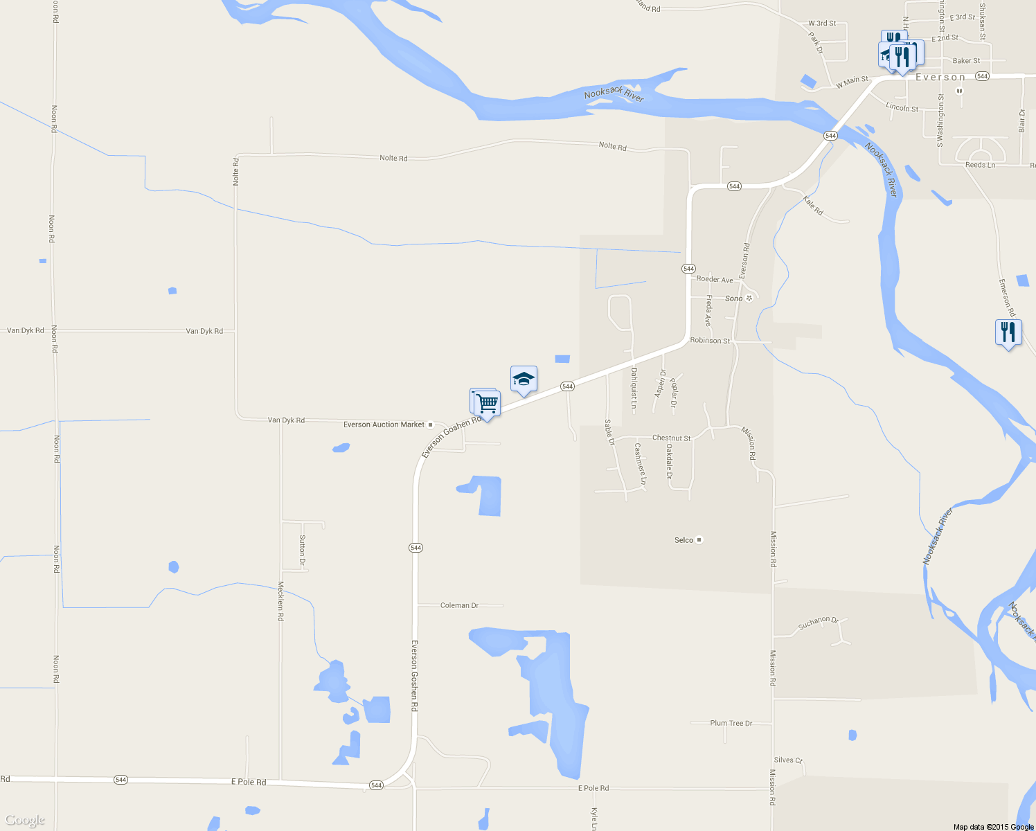 map of restaurants, bars, coffee shops, grocery stores, and more near 7322 Everson Goshen Road in Everson