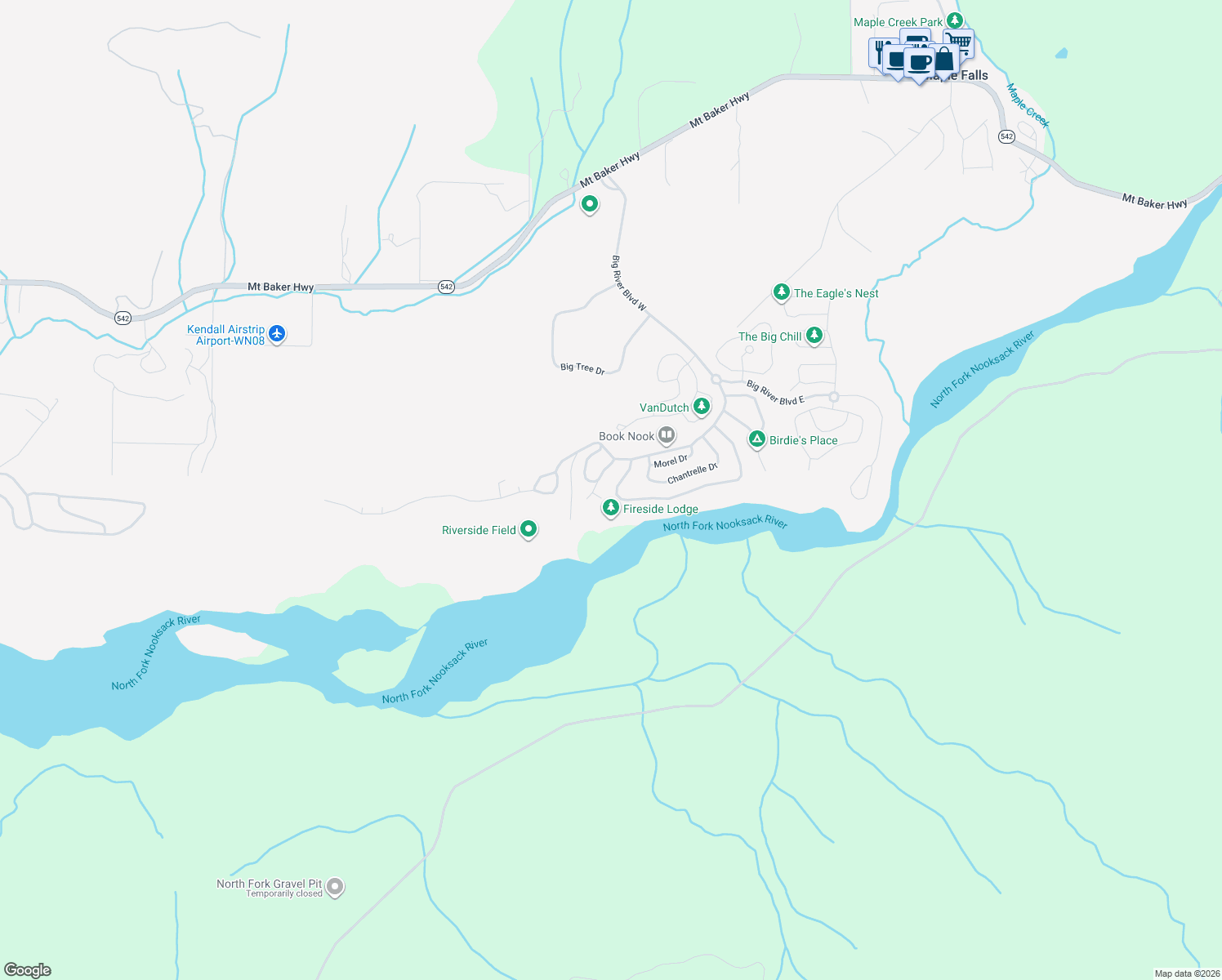 map of restaurants, bars, coffee shops, grocery stores, and more near Riverside Drive in Maple Falls