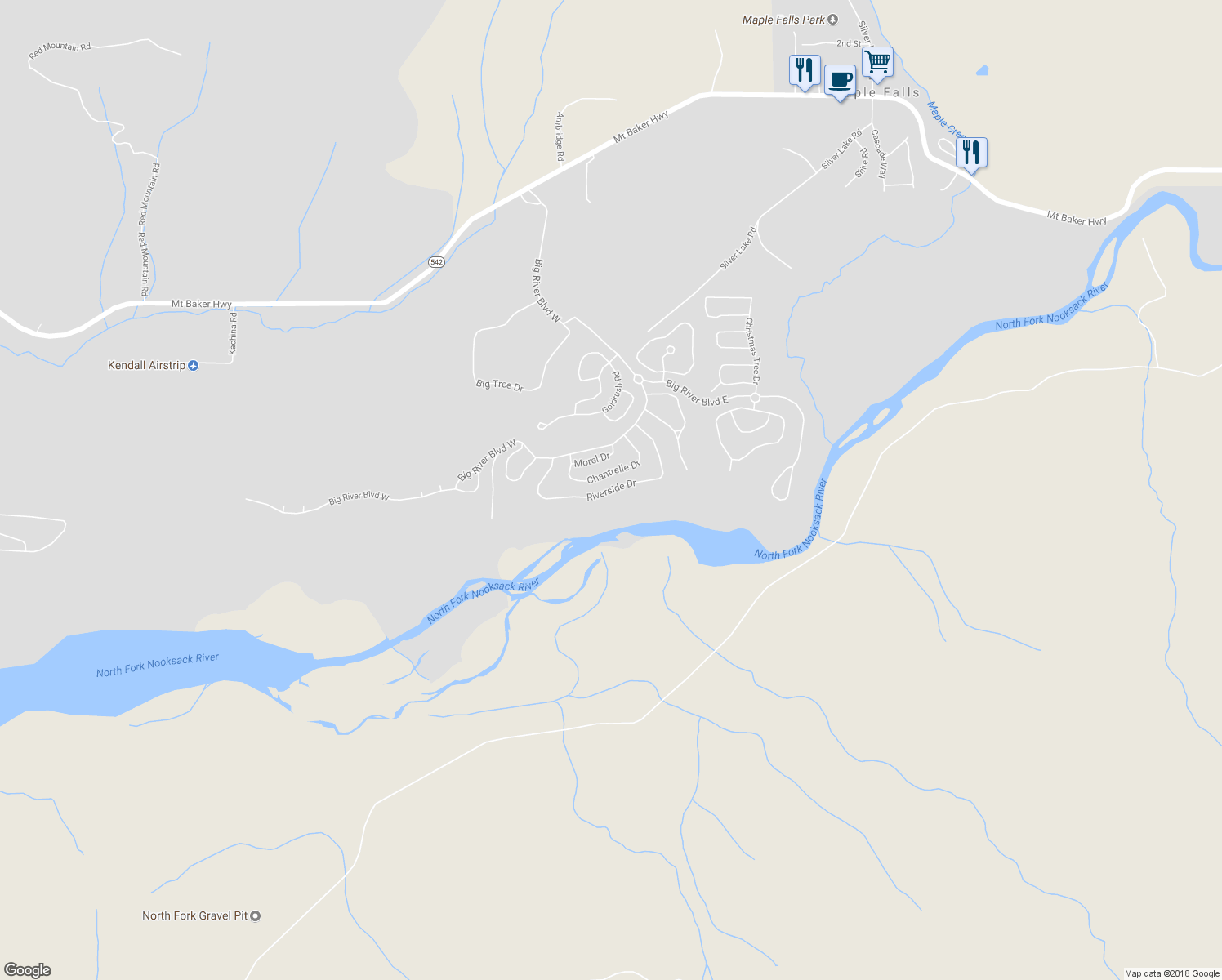 map of restaurants, bars, coffee shops, grocery stores, and more near Riverside Drive in Maple Falls