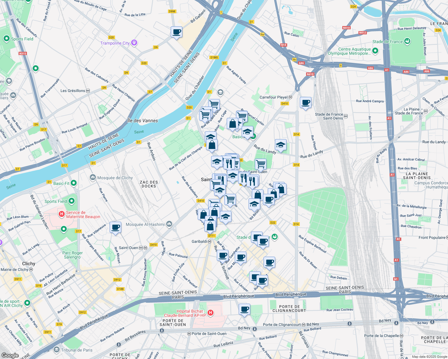 map of restaurants, bars, coffee shops, grocery stores, and more near in Saint-Ouen-sur-Seine