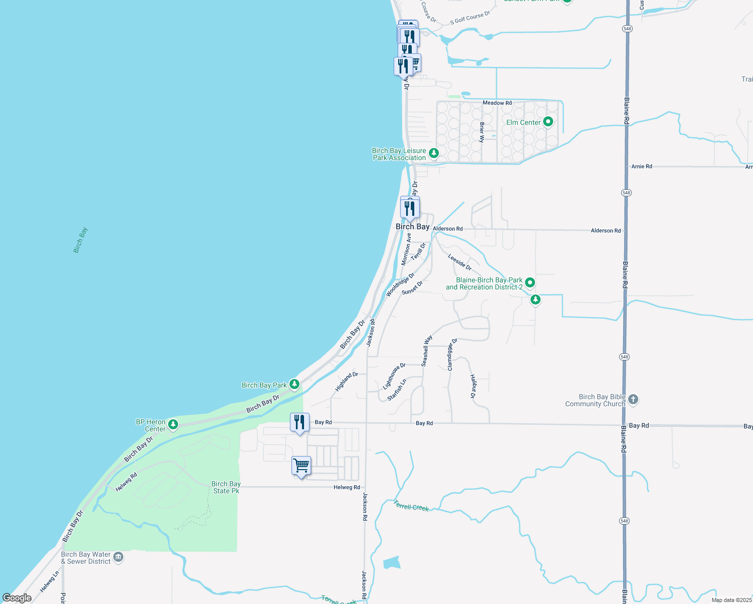 map of restaurants, bars, coffee shops, grocery stores, and more near 7492 Birch Bay Drive in Blaine