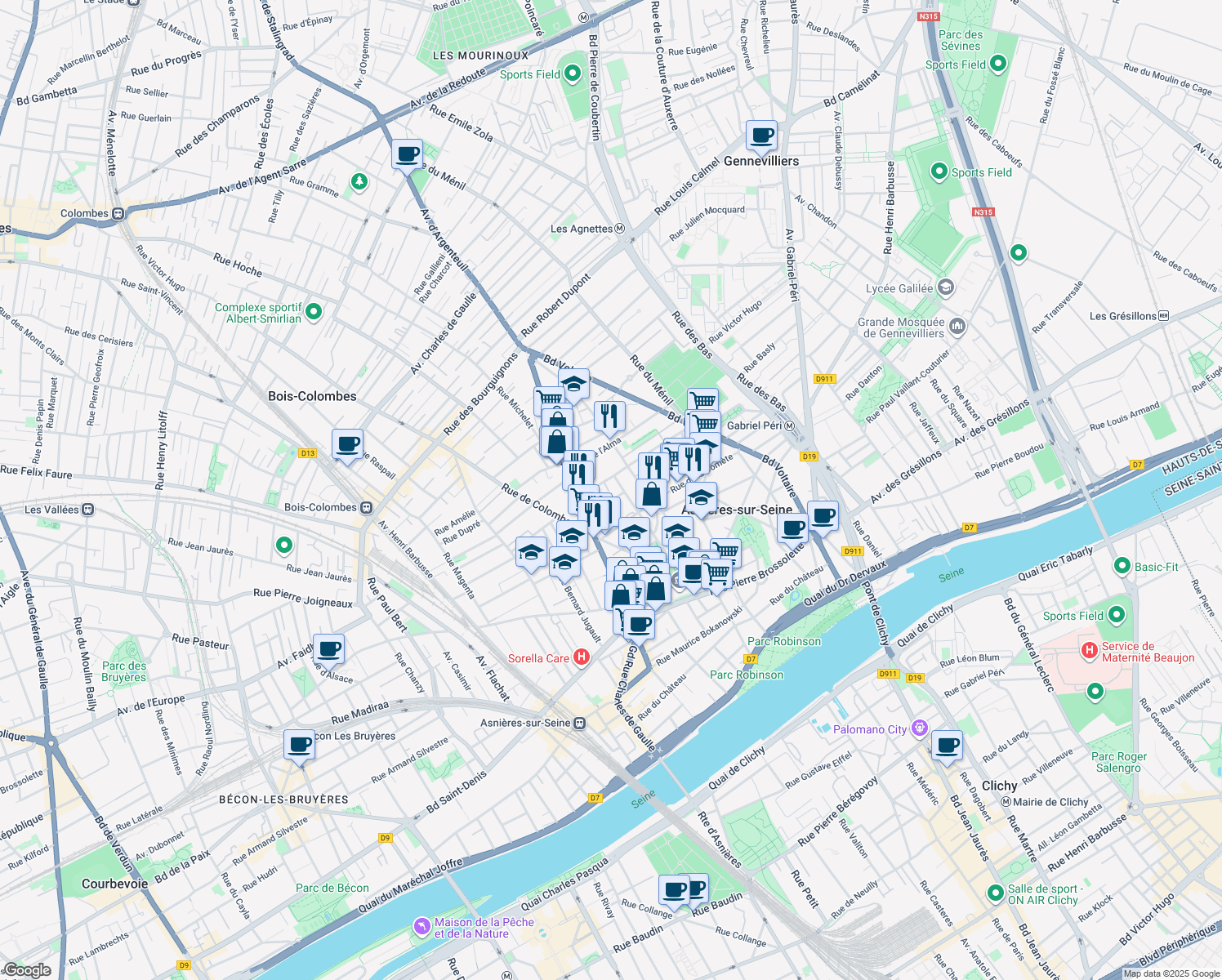 map of restaurants, bars, coffee shops, grocery stores, and more near in Asnières-sur-Seine