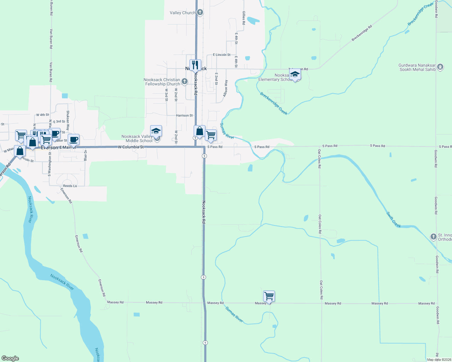 map of restaurants, bars, coffee shops, grocery stores, and more near 7602 Nooksack Road in Everson