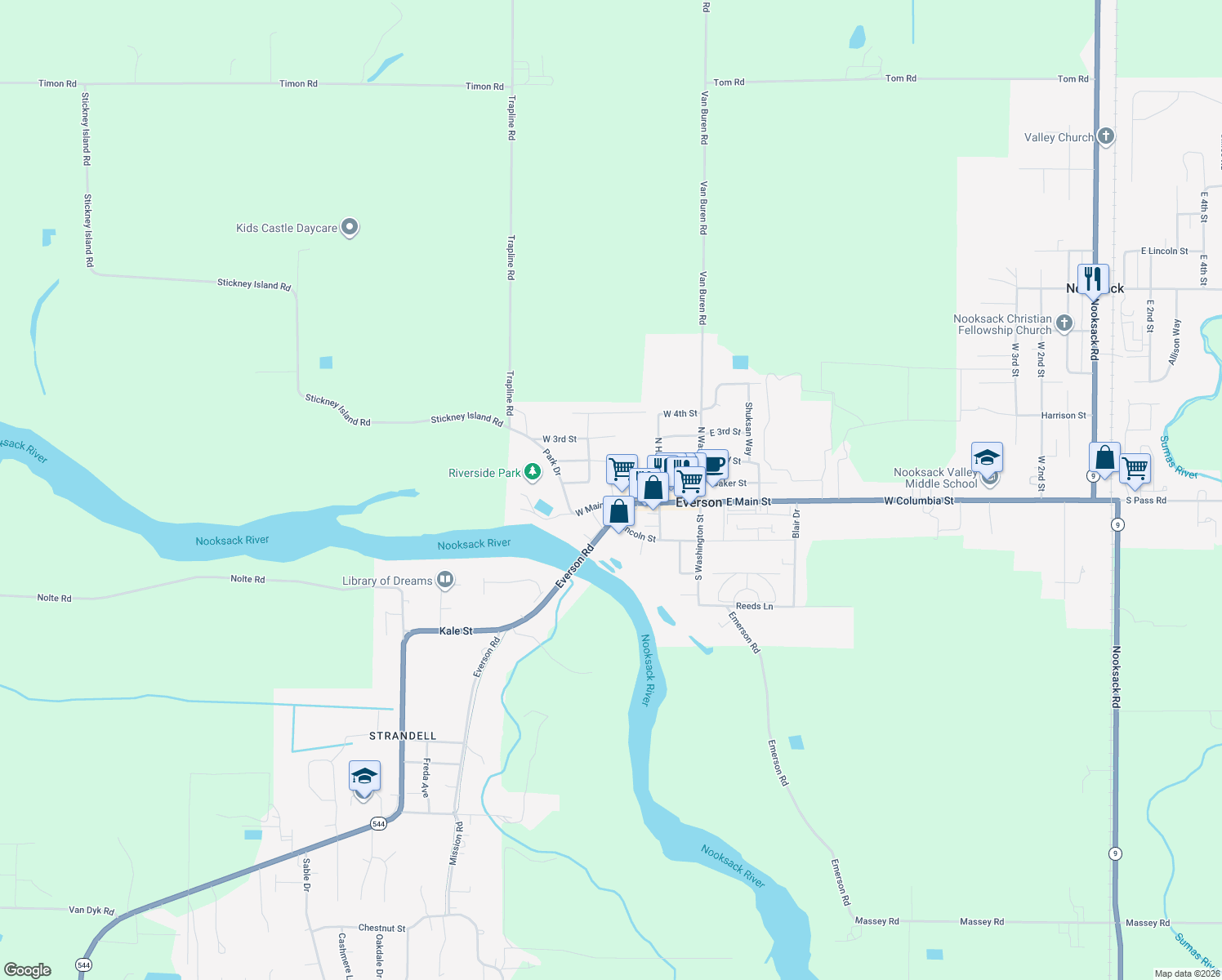 map of restaurants, bars, coffee shops, grocery stores, and more near 304 W Main St in Everson
