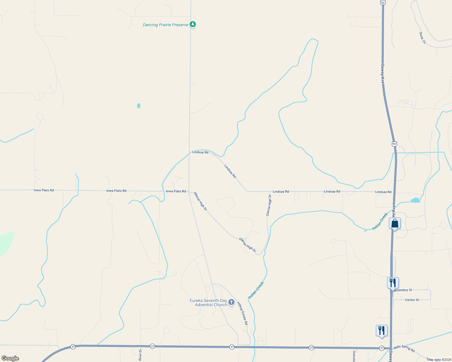 map of restaurants, bars, coffee shops, grocery stores, and more near 1250 Lindsay Road in Eureka