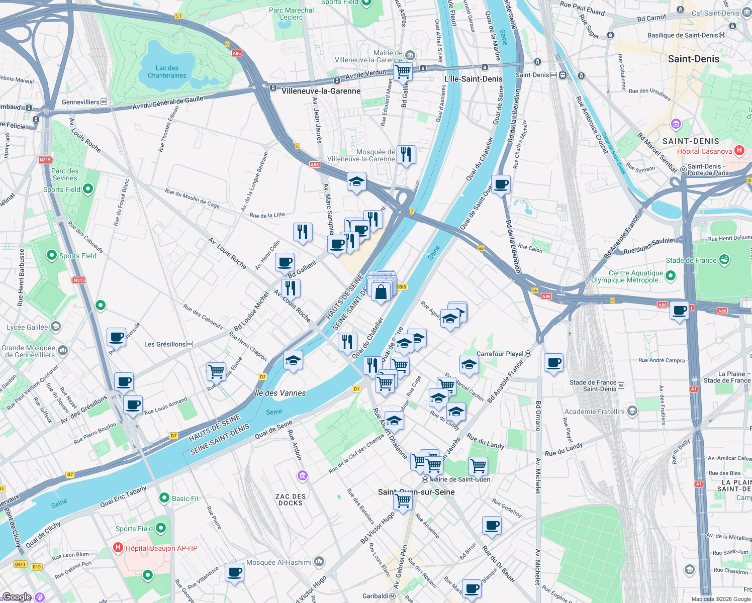 map of restaurants, bars, coffee shops, grocery stores, and more near 9 Quai du Châtelier in L'Île-Saint-Denis