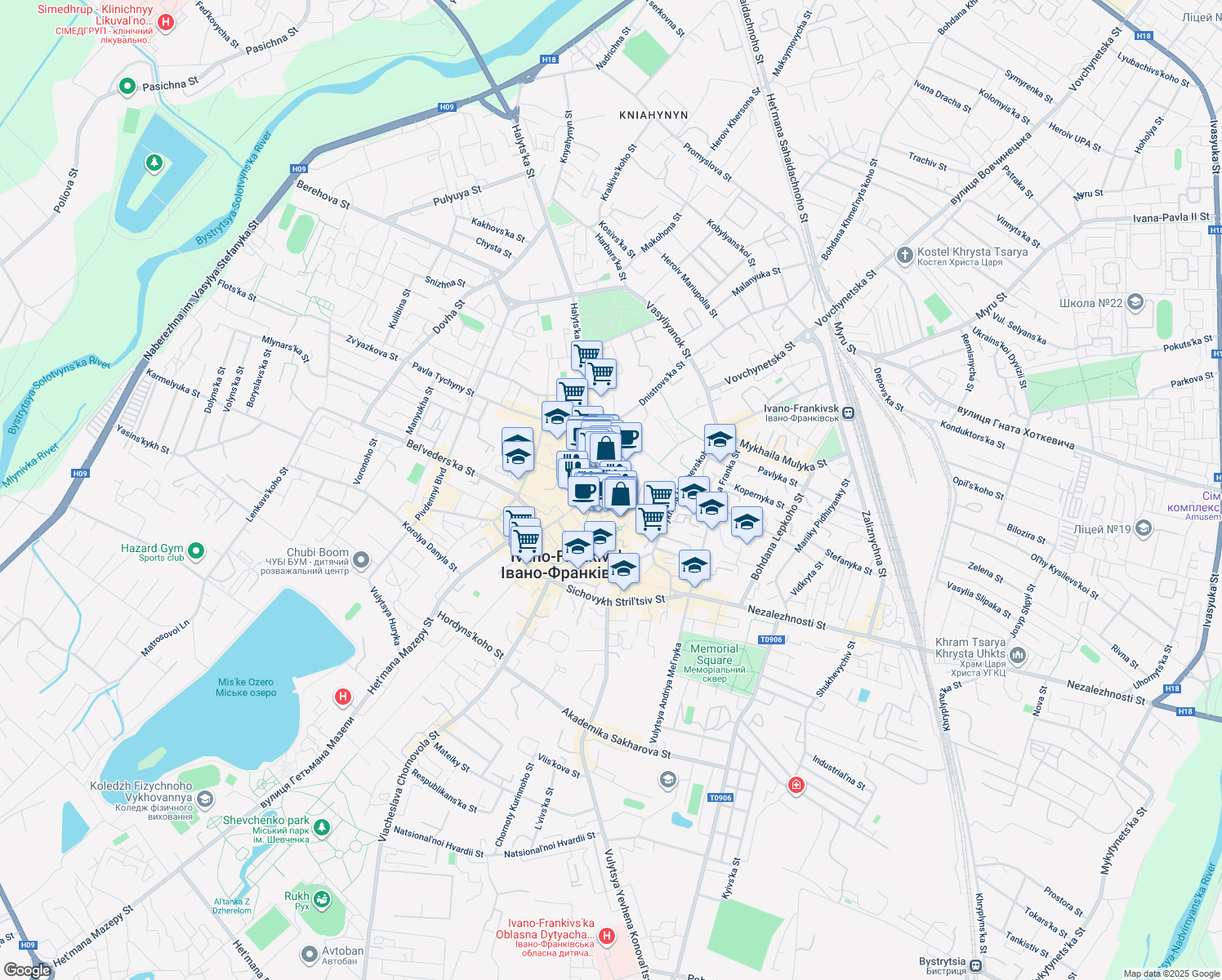 map of restaurants, bars, coffee shops, grocery stores, and more near in Ivano-Frankivsk