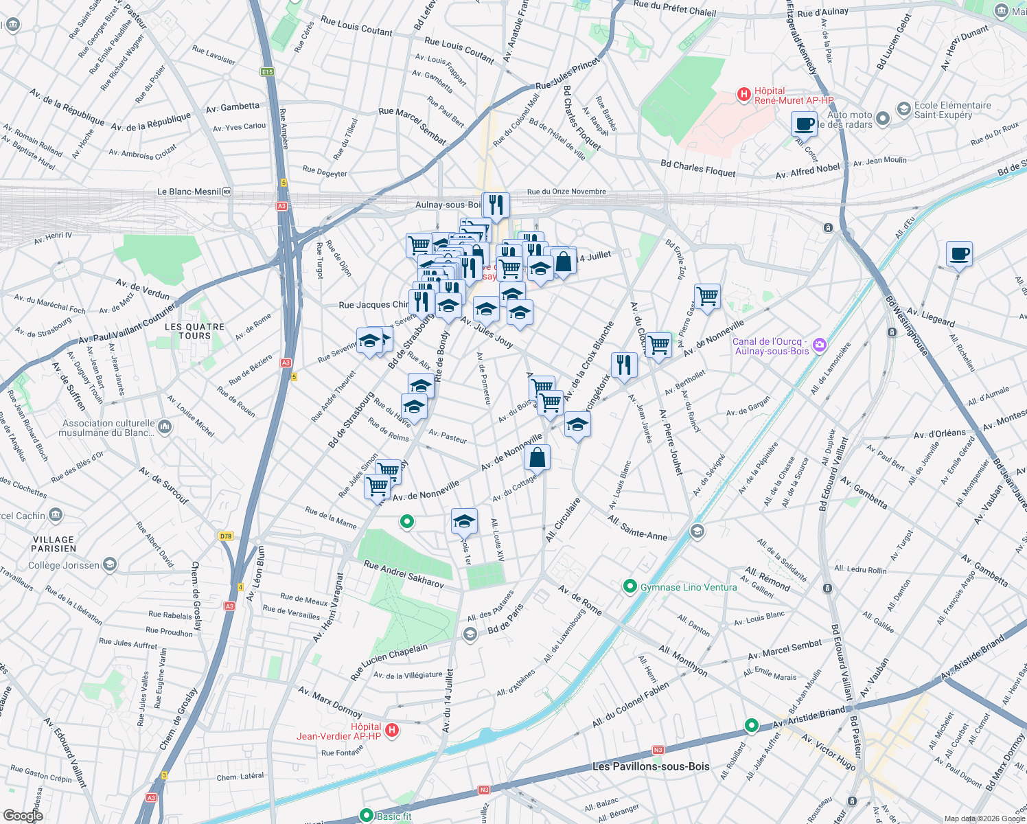 map of restaurants, bars, coffee shops, grocery stores, and more near Avenue du Bois in Aulnay-sous-Bois