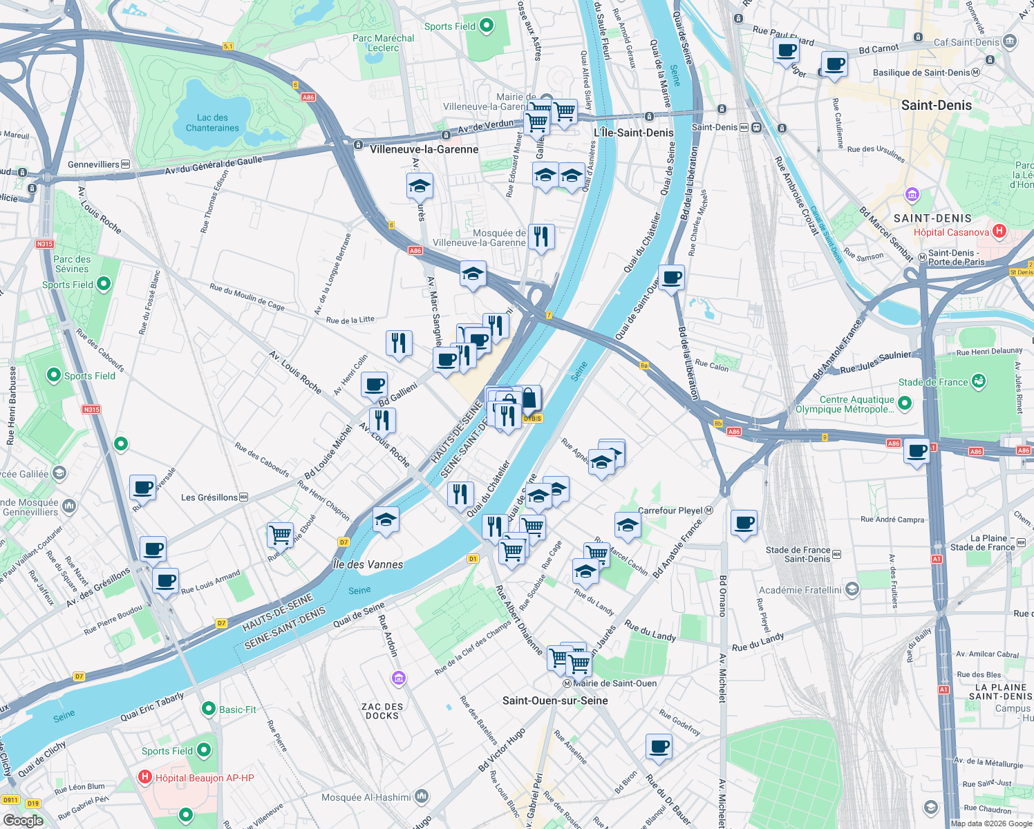 map of restaurants, bars, coffee shops, grocery stores, and more near 9 Quai du Châtelier in L'Île-Saint-Denis