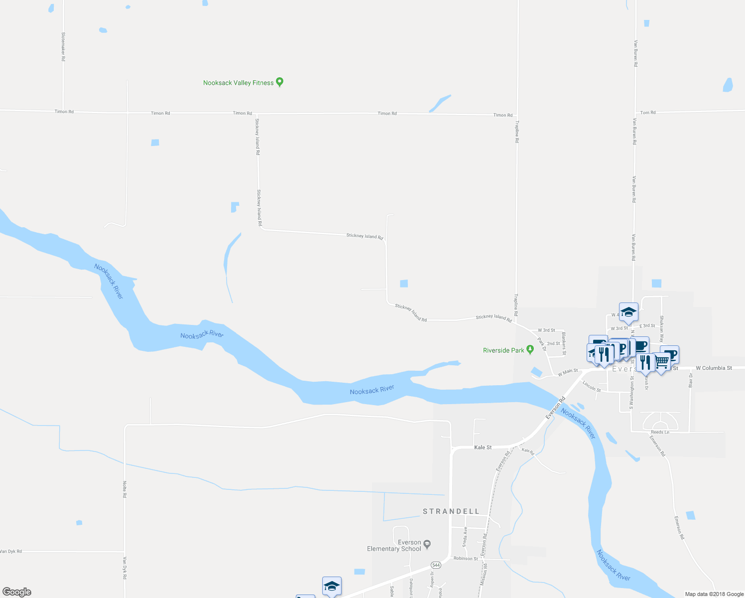 map of restaurants, bars, coffee shops, grocery stores, and more near 2301 Stickney Island Road in Everson