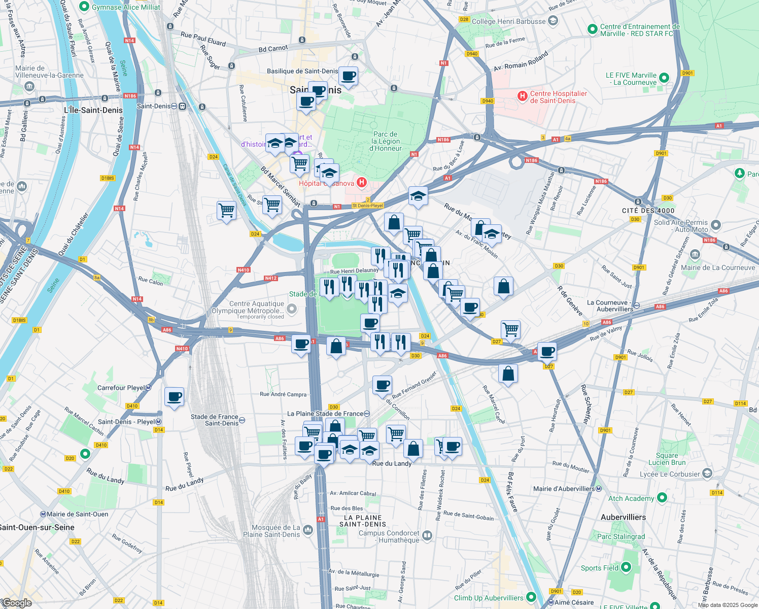 map of restaurants, bars, coffee shops, grocery stores, and more near 23 Avenue Jules Rimet in Saint-Denis