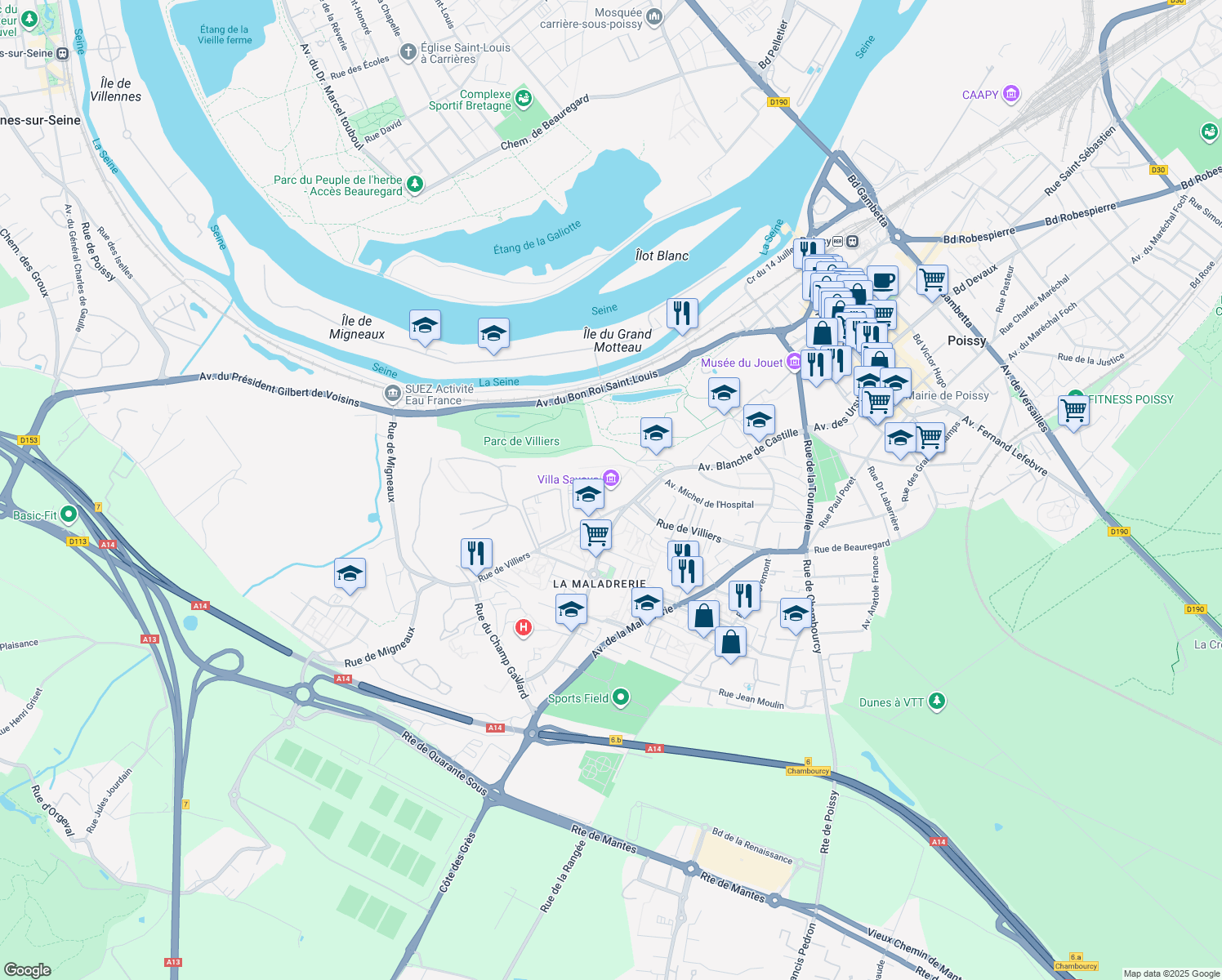map of restaurants, bars, coffee shops, grocery stores, and more near 82 Rue de Villiers in Poissy