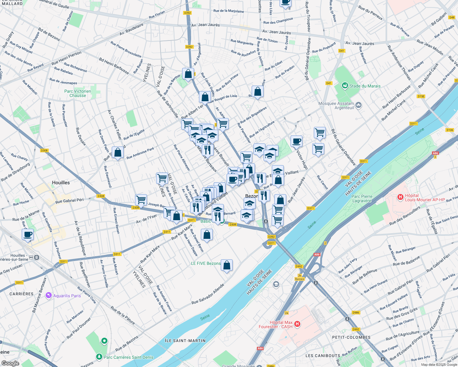 map of restaurants, bars, coffee shops, grocery stores, and more near in Bezons