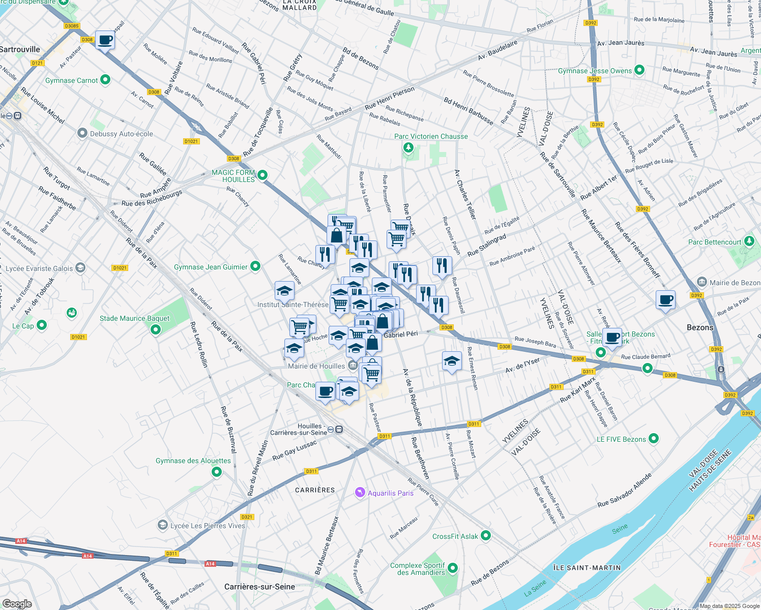 map of restaurants, bars, coffee shops, grocery stores, and more near in Houilles