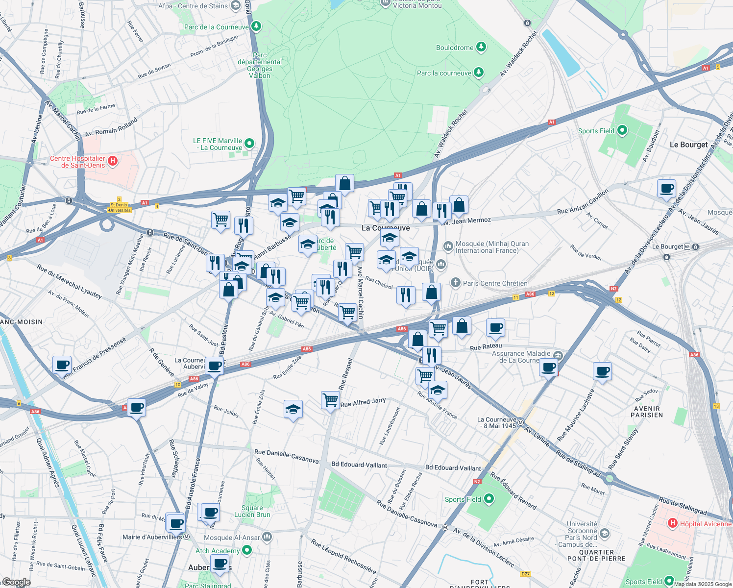map of restaurants, bars, coffee shops, grocery stores, and more near 14 Avenue Marcel Cachin in La Courneuve