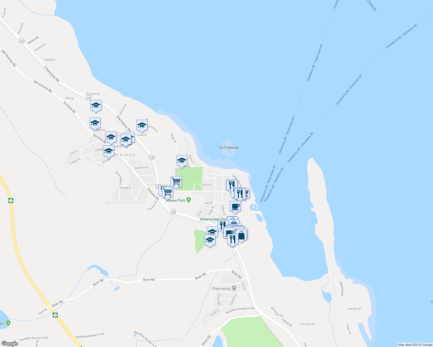 map of restaurants, bars, coffee shops, grocery stores, and more near 9945 Cedar Street in Chemainus