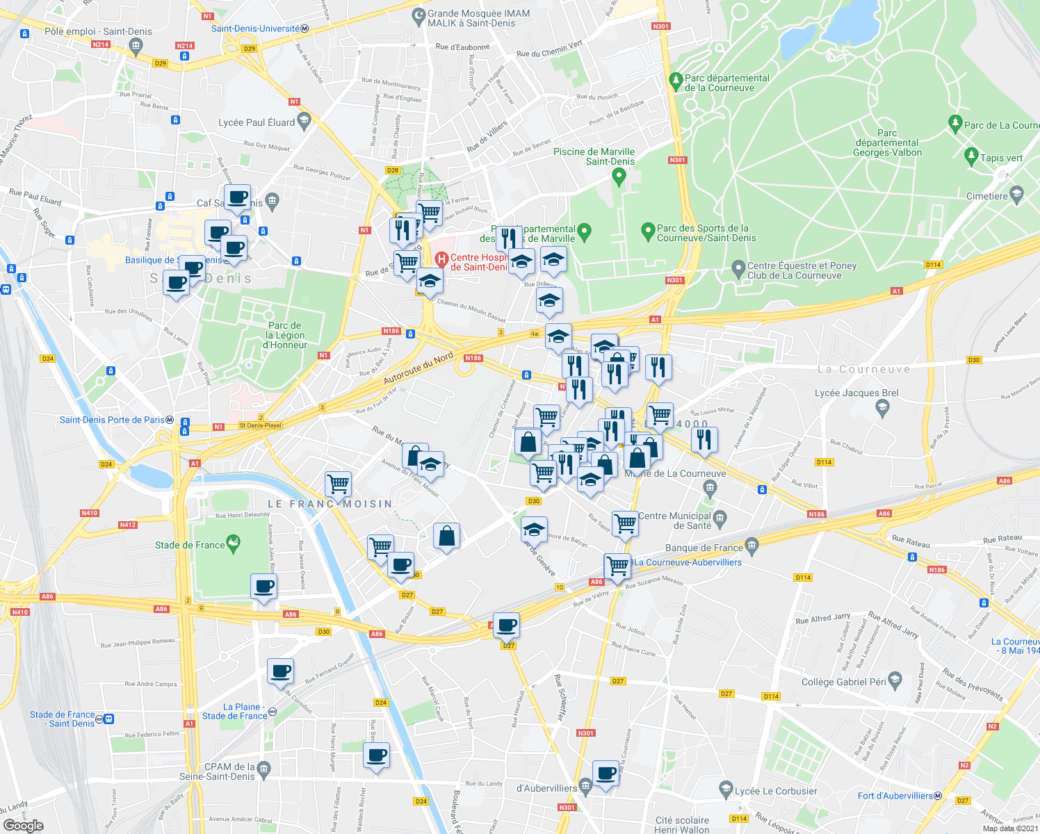 map of restaurants, bars, coffee shops, grocery stores, and more near Rue des Clos in La Courneuve