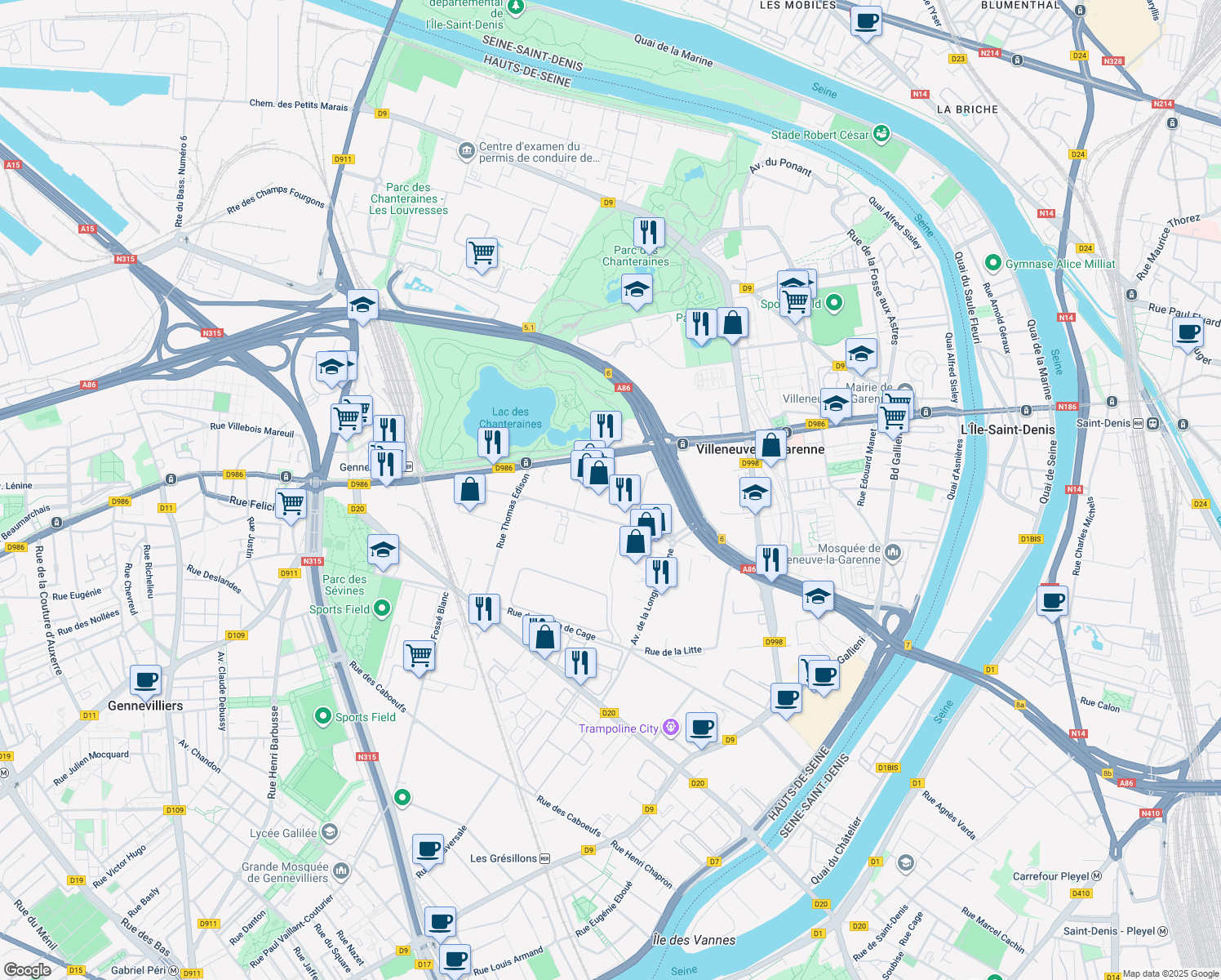 map of restaurants, bars, coffee shops, grocery stores, and more near 112 Avenue du Général de Gaulle in Gennevilliers