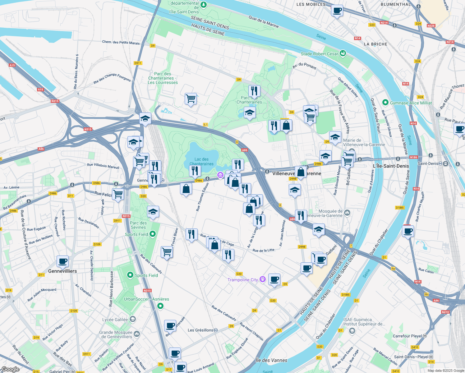 map of restaurants, bars, coffee shops, grocery stores, and more near 112 Avenue du Général de Gaulle in Gennevilliers