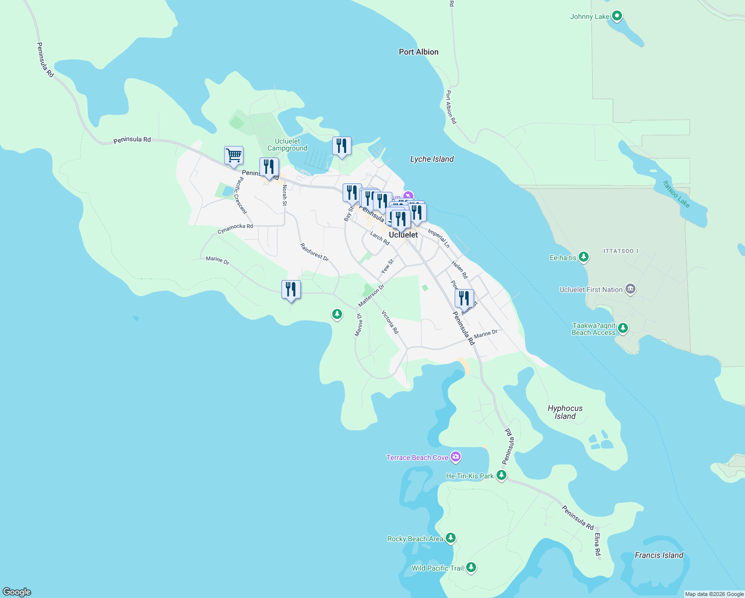 map of restaurants, bars, coffee shops, grocery stores, and more near 1351 Victoria Road in Ucluelet