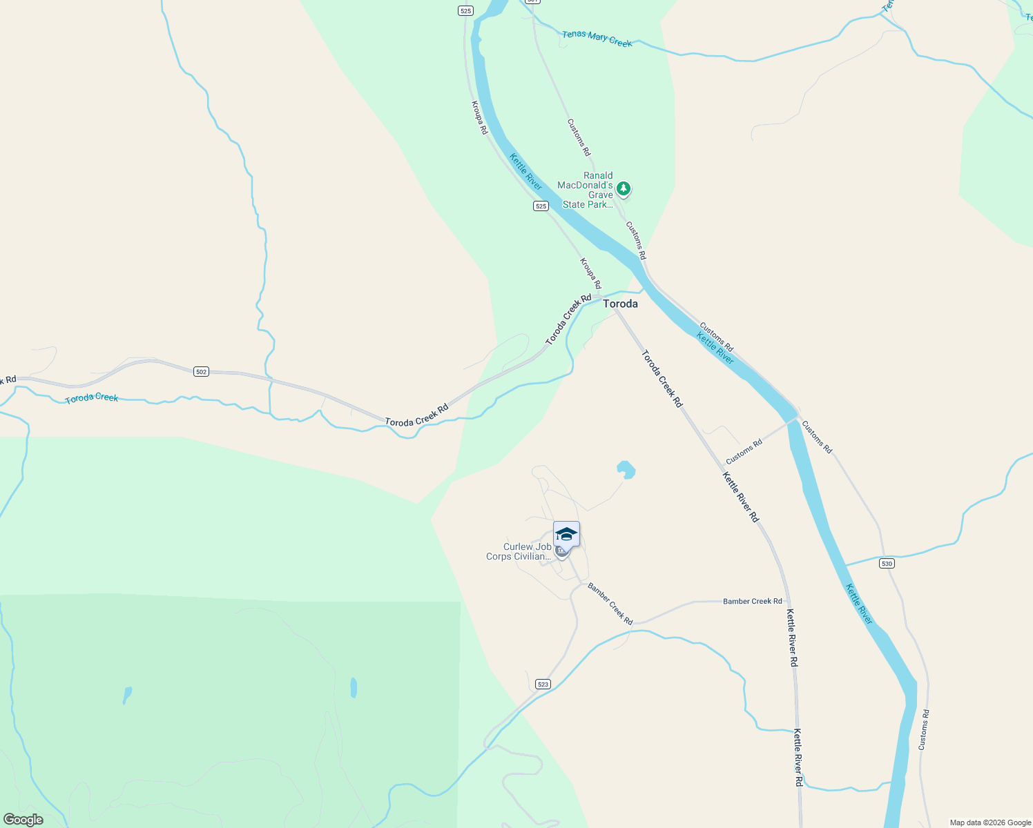 map of restaurants, bars, coffee shops, grocery stores, and more near 99 Toroda Creek Road in Curlew