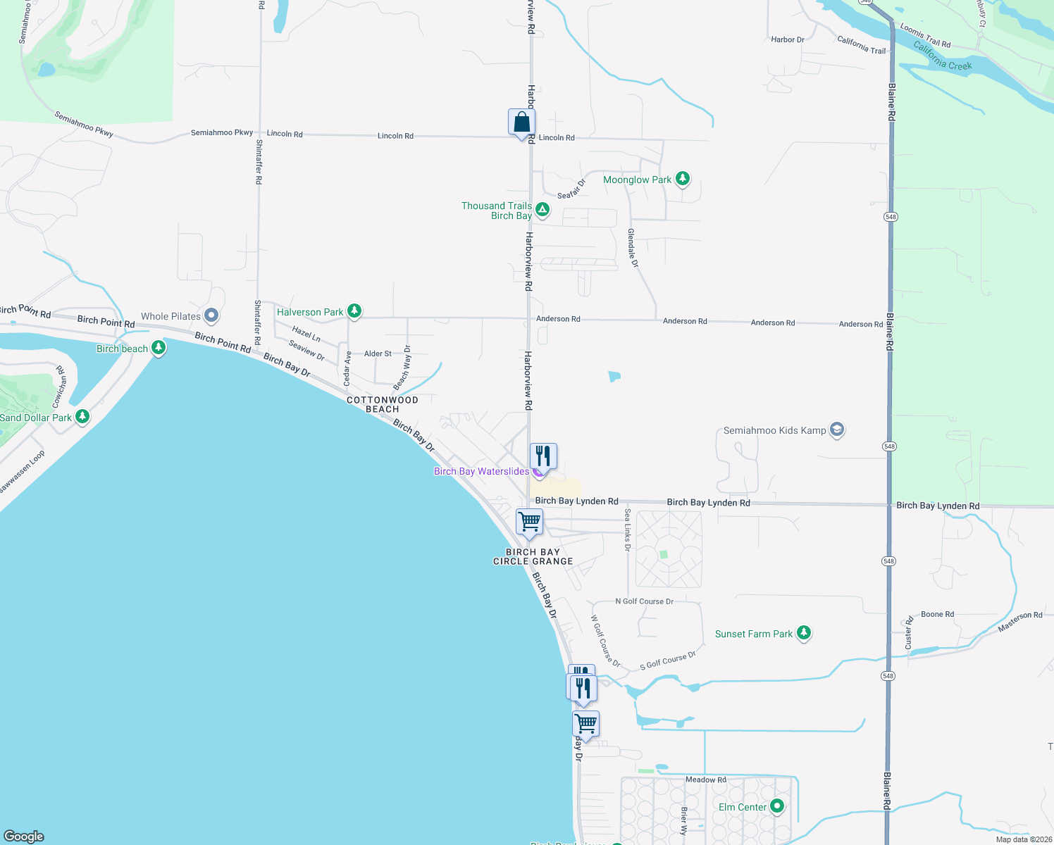 map of restaurants, bars, coffee shops, grocery stores, and more near 8187 Harborview Road in Blaine