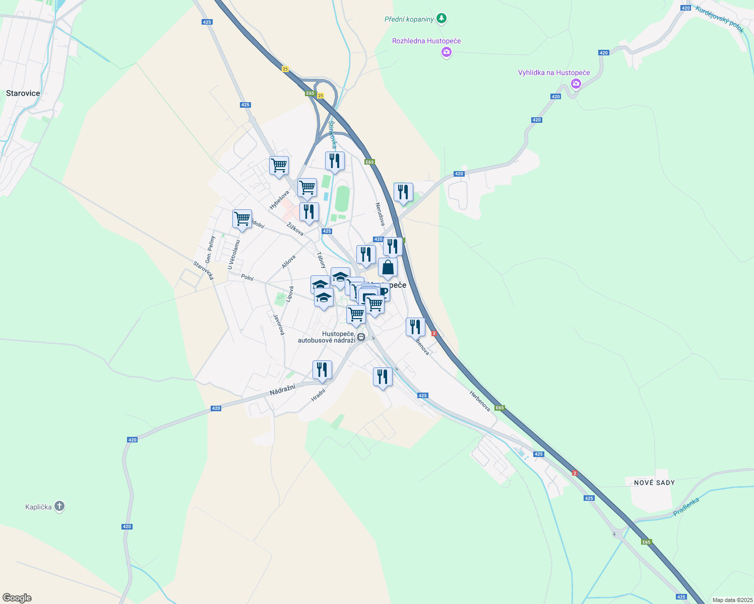 map of restaurants, bars, coffee shops, grocery stores, and more near Dukelské náměstí in Břeclav