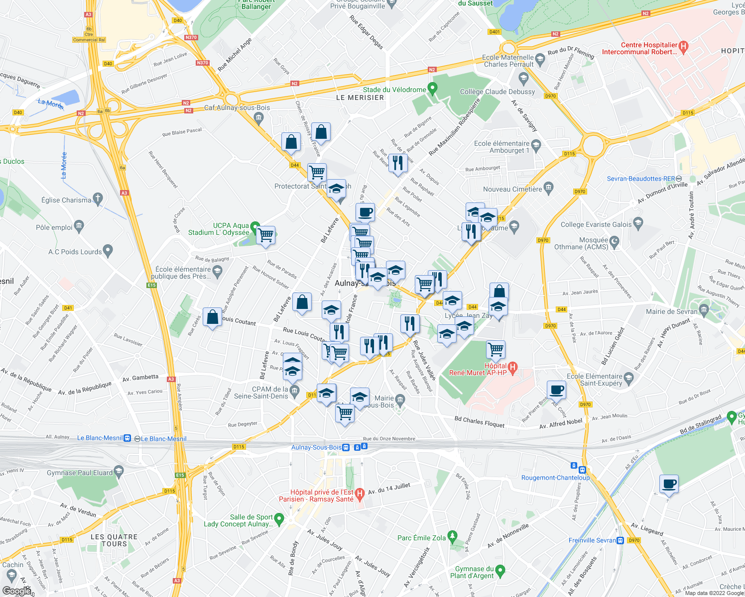 map of restaurants, bars, coffee shops, grocery stores, and more near 17 Rue des 2 Ponts in Aulnay-sous-Bois