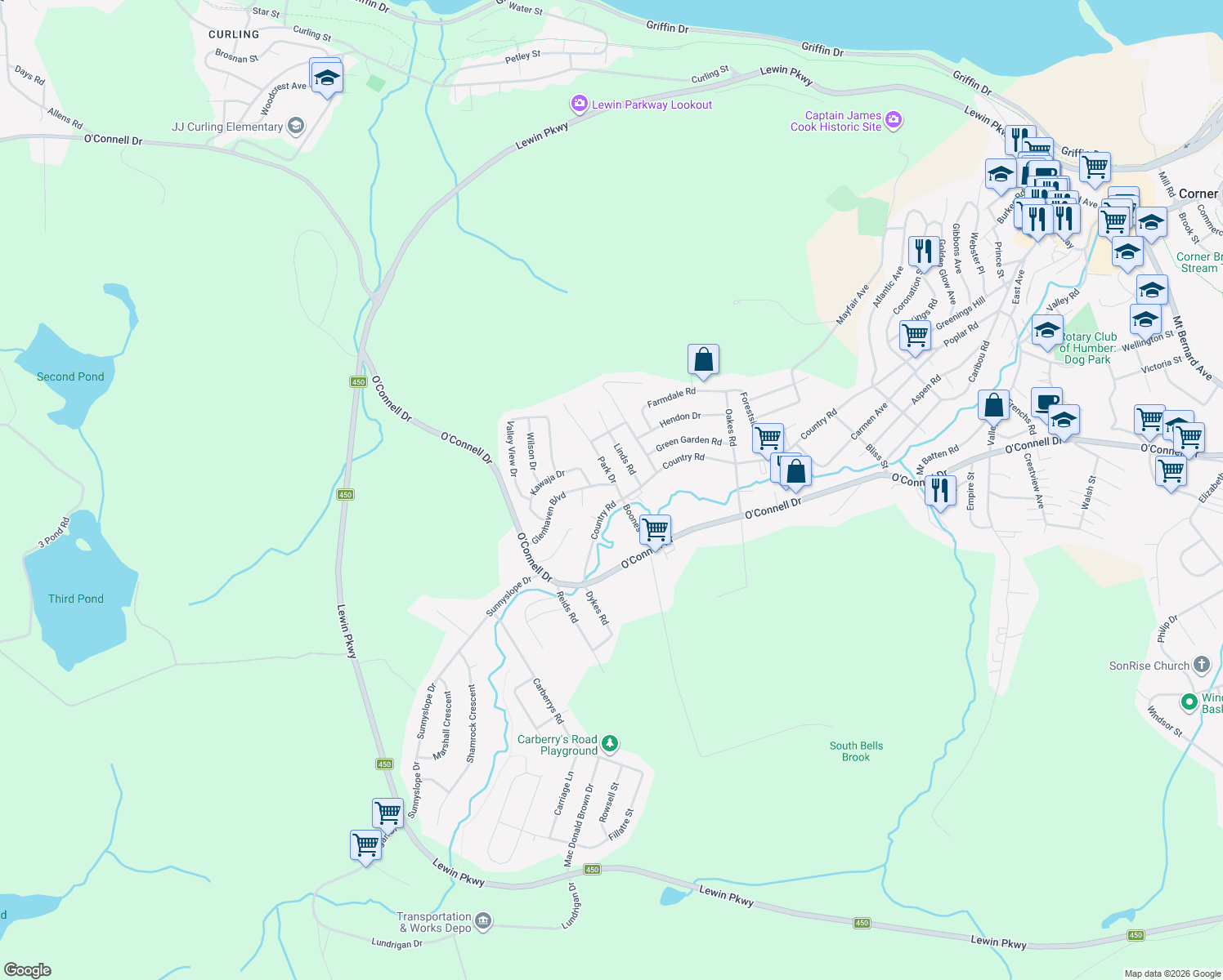 map of restaurants, bars, coffee shops, grocery stores, and more near 3 Park Drive in Corner Brook