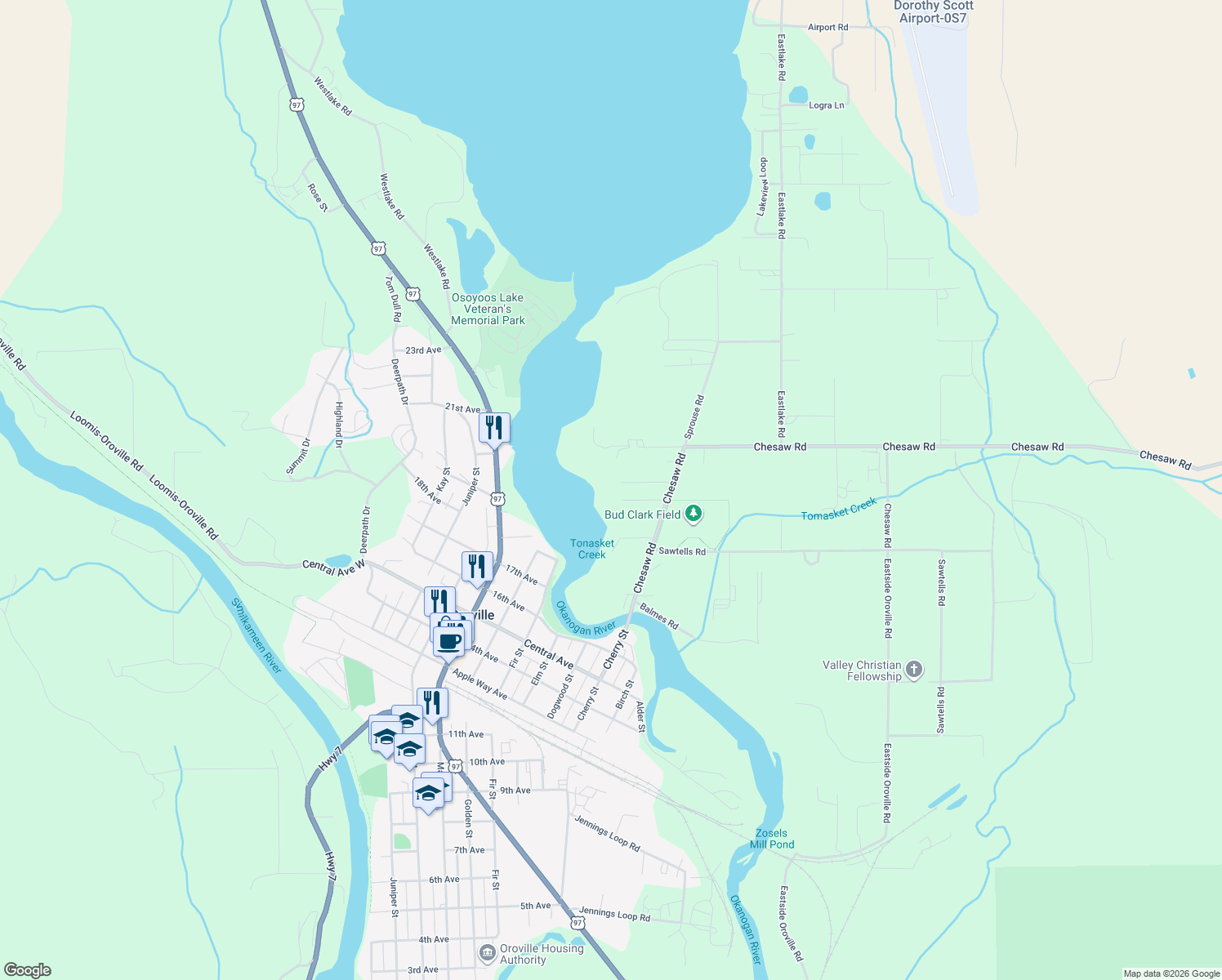 map of restaurants, bars, coffee shops, grocery stores, and more near 85A Chesaw Road in Oroville