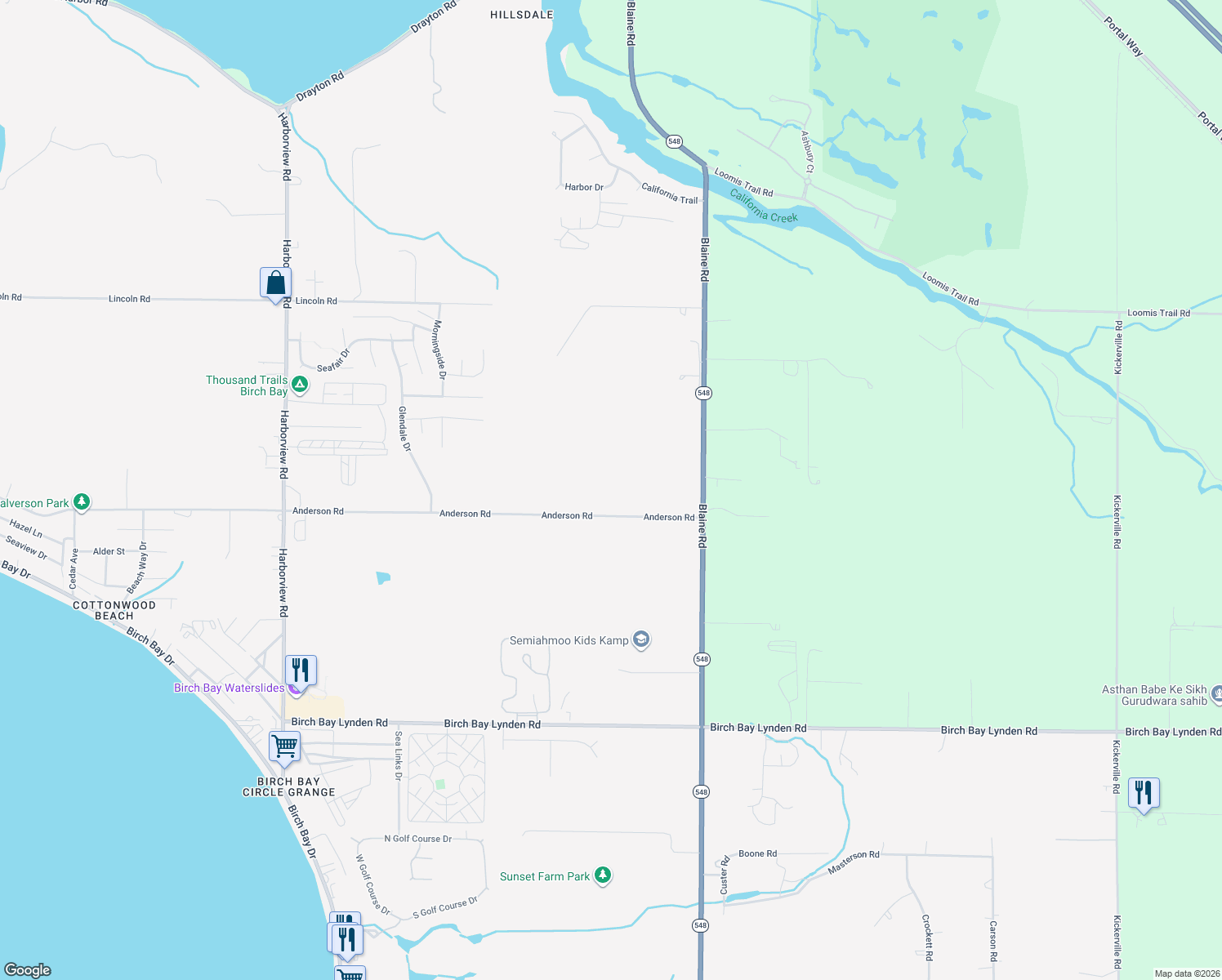 map of restaurants, bars, coffee shops, grocery stores, and more near 4584 Anderson Road in Blaine