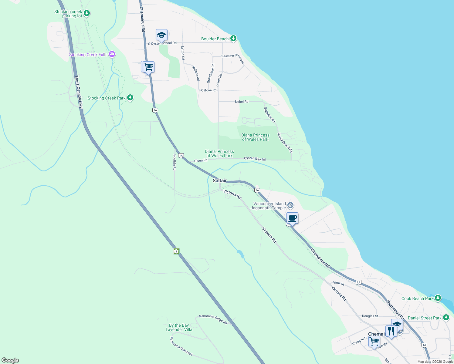 map of restaurants, bars, coffee shops, grocery stores, and more near 10605 Chemainus Road in Ladysmith
