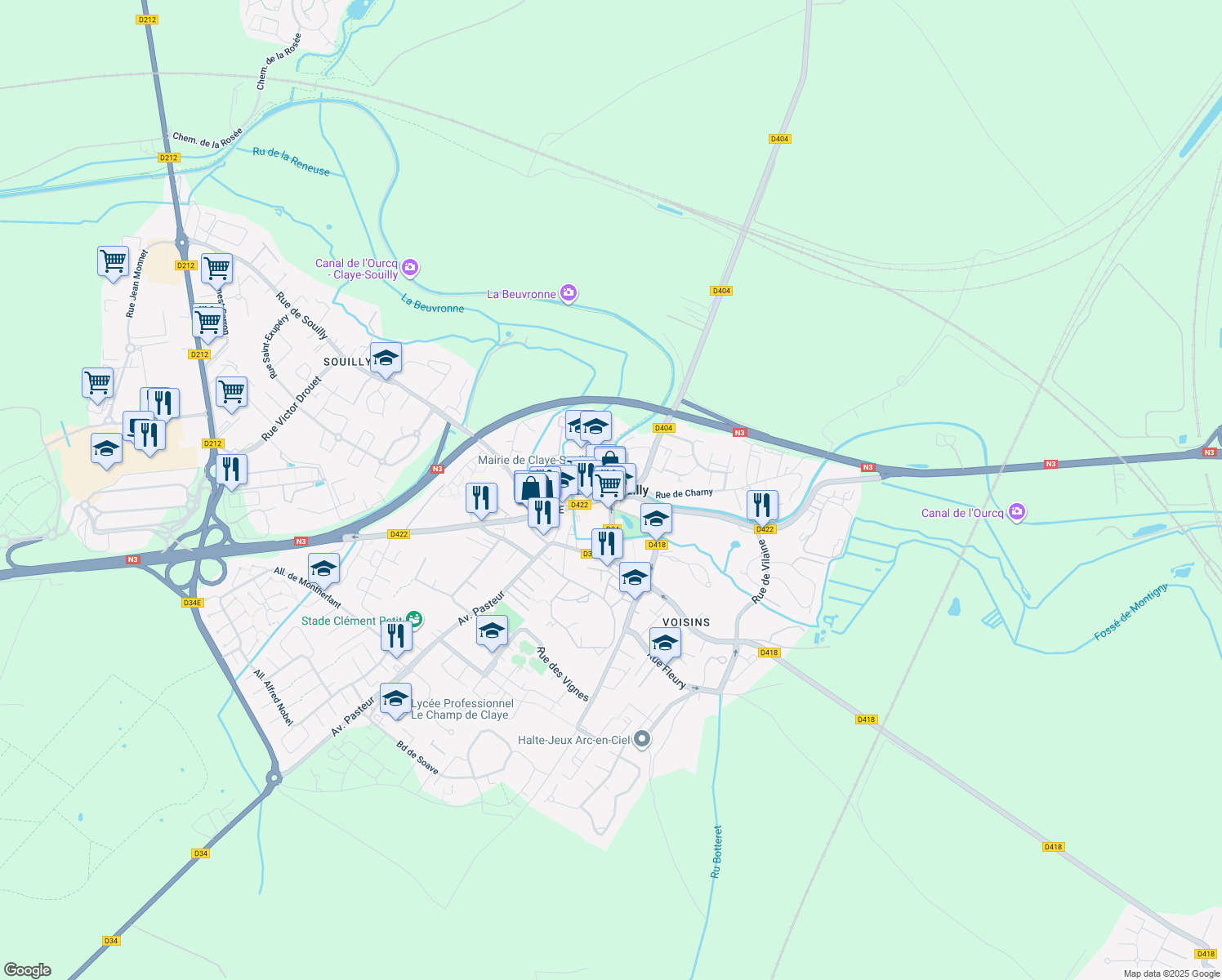map of restaurants, bars, coffee shops, grocery stores, and more near in Claye-Souilly