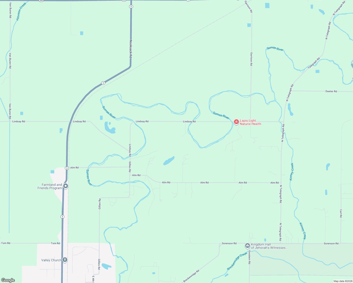 map of restaurants, bars, coffee shops, grocery stores, and more near 8382 Gillies Road in Everson