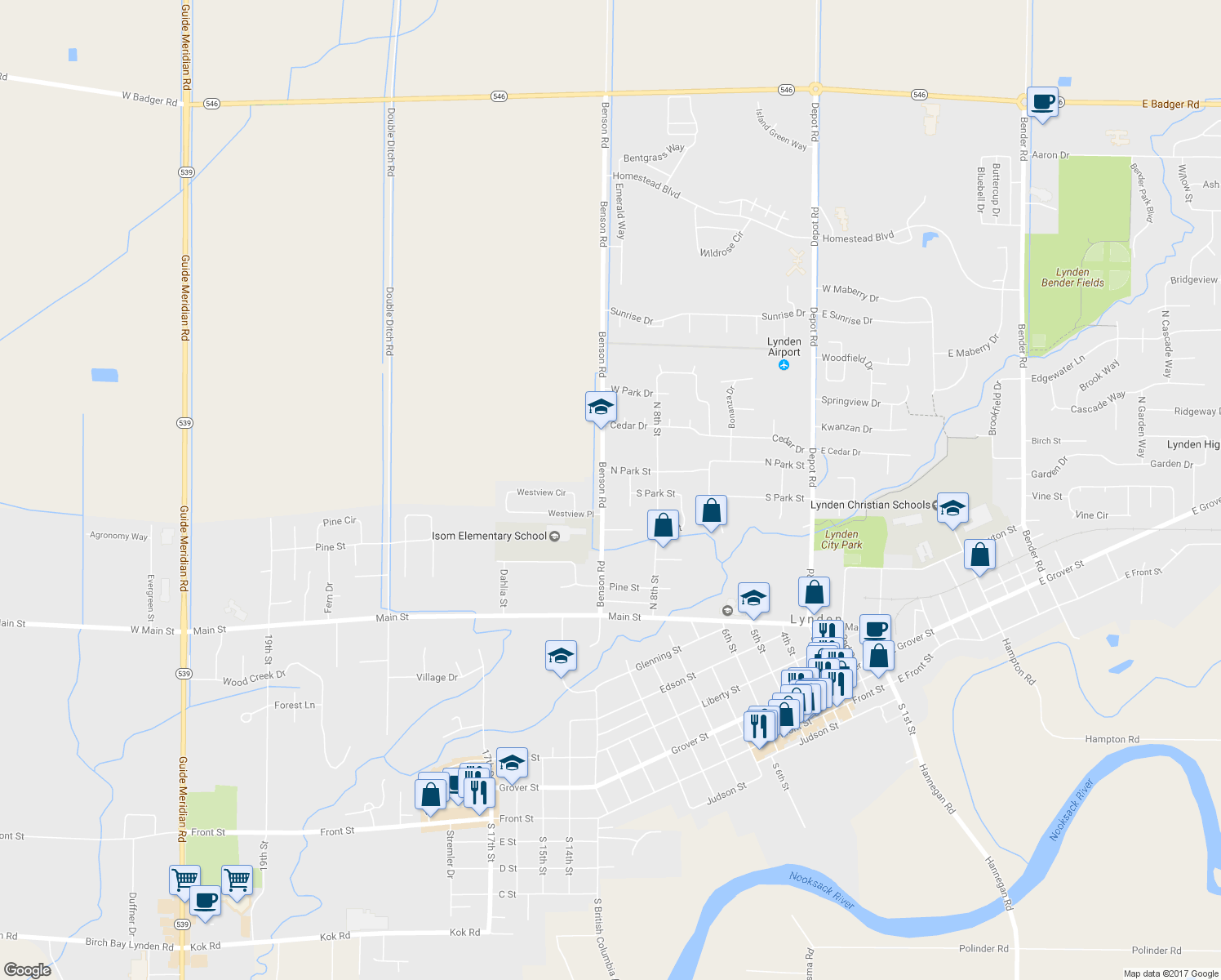 map of restaurants, bars, coffee shops, grocery stores, and more near 8526 Benson Road in Lynden