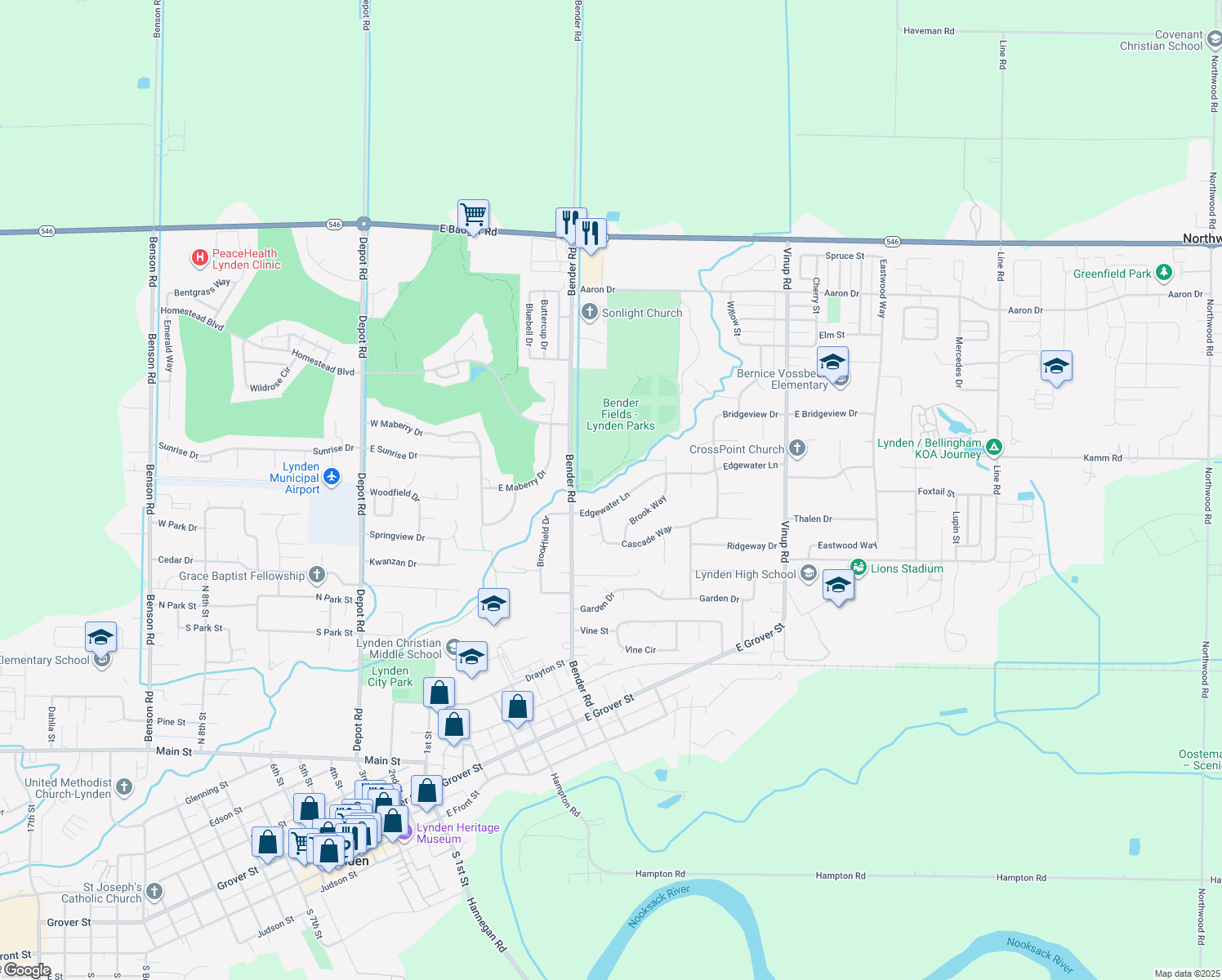 map of restaurants, bars, coffee shops, grocery stores, and more near 309 Edgewater Ln in Lynden