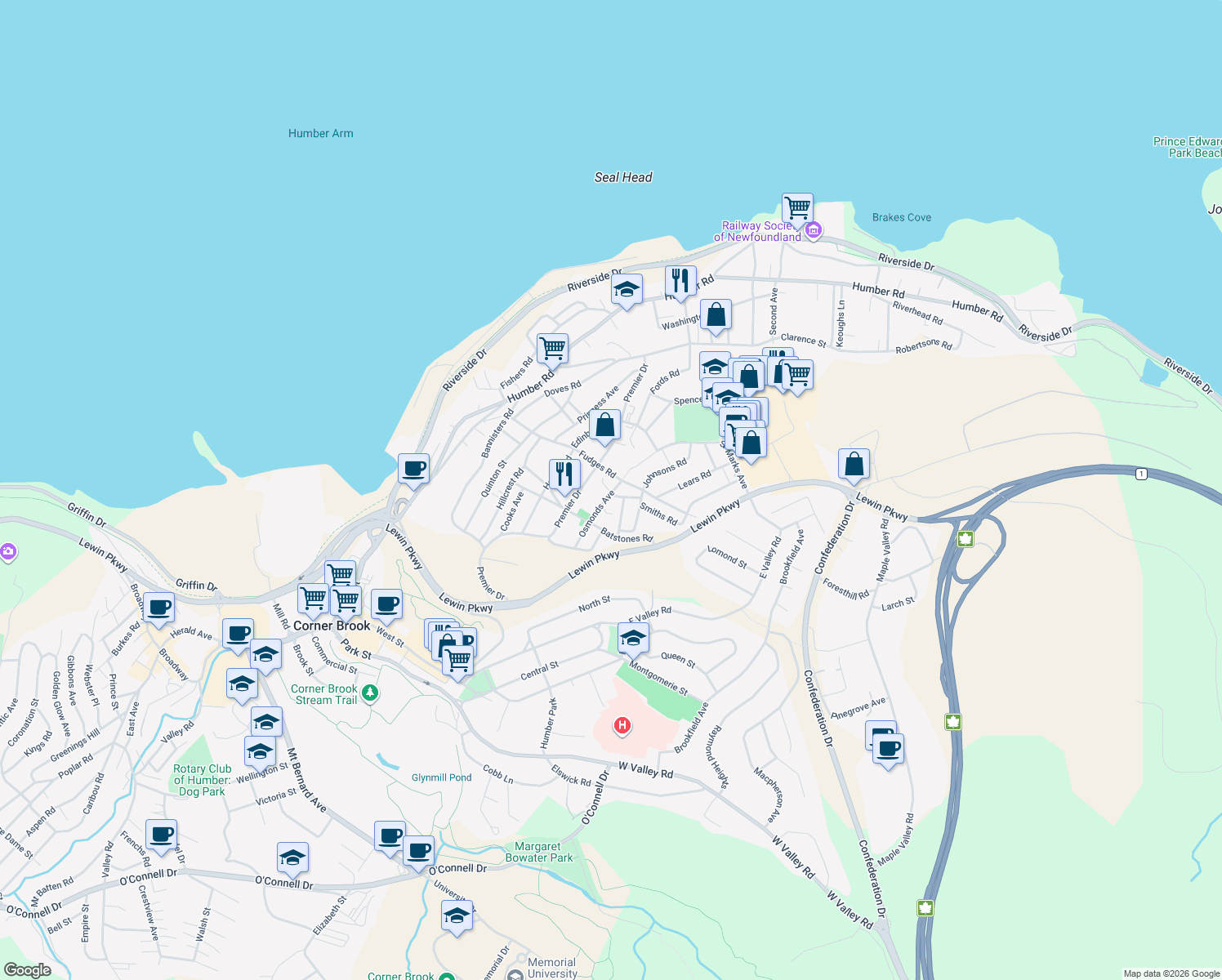map of restaurants, bars, coffee shops, grocery stores, and more near 33 Osmonds Avenue in Corner Brook